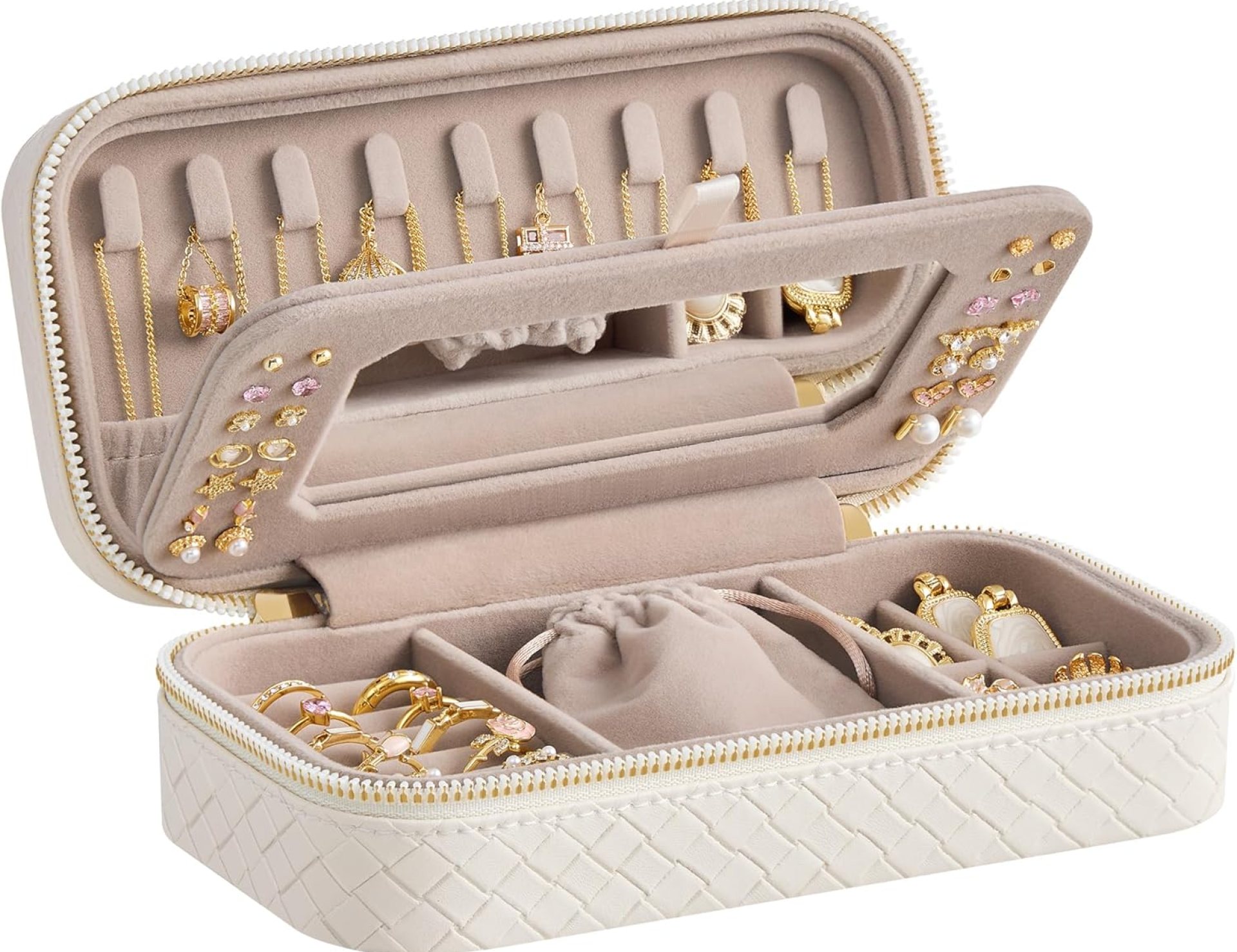 SONGMICS HOME Travel Jewelry Case, Jewelry Organizer Box with Mirror, Jewelry Pouch, Woven Embossed PU Leather, Portable Jewelry Storage, Gift Idea, Cloud White UJBC197W01 SONGMICS HOME Travel Jewelry Case, Jewelry Organizer Box with Mirror, Jewelry Pouch, Woven Embossed PU Leather, Portable Jewelry Storage, Gift Idea, Cloud White UJBC197W01