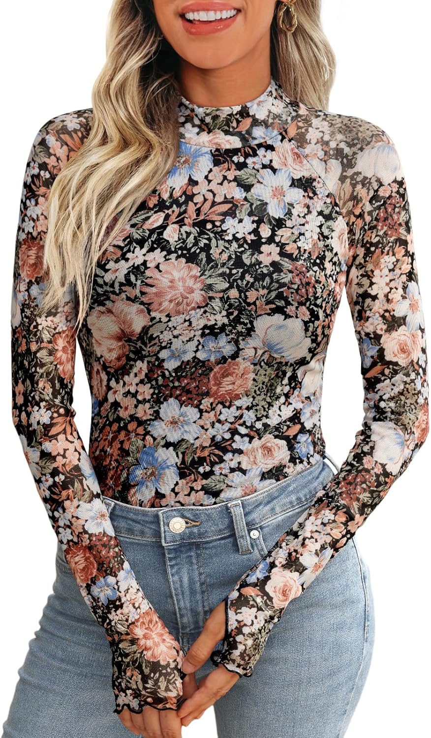 Dealmore Lace Long Sleeve Floral Mesh Mockneck Going Out Tops for Women Fashion Fall Outfits 2025 Dealmore Lace Long Sleeve Floral Mesh Mockneck Going Out Tops for Women Fashion Fall Outfits 2025