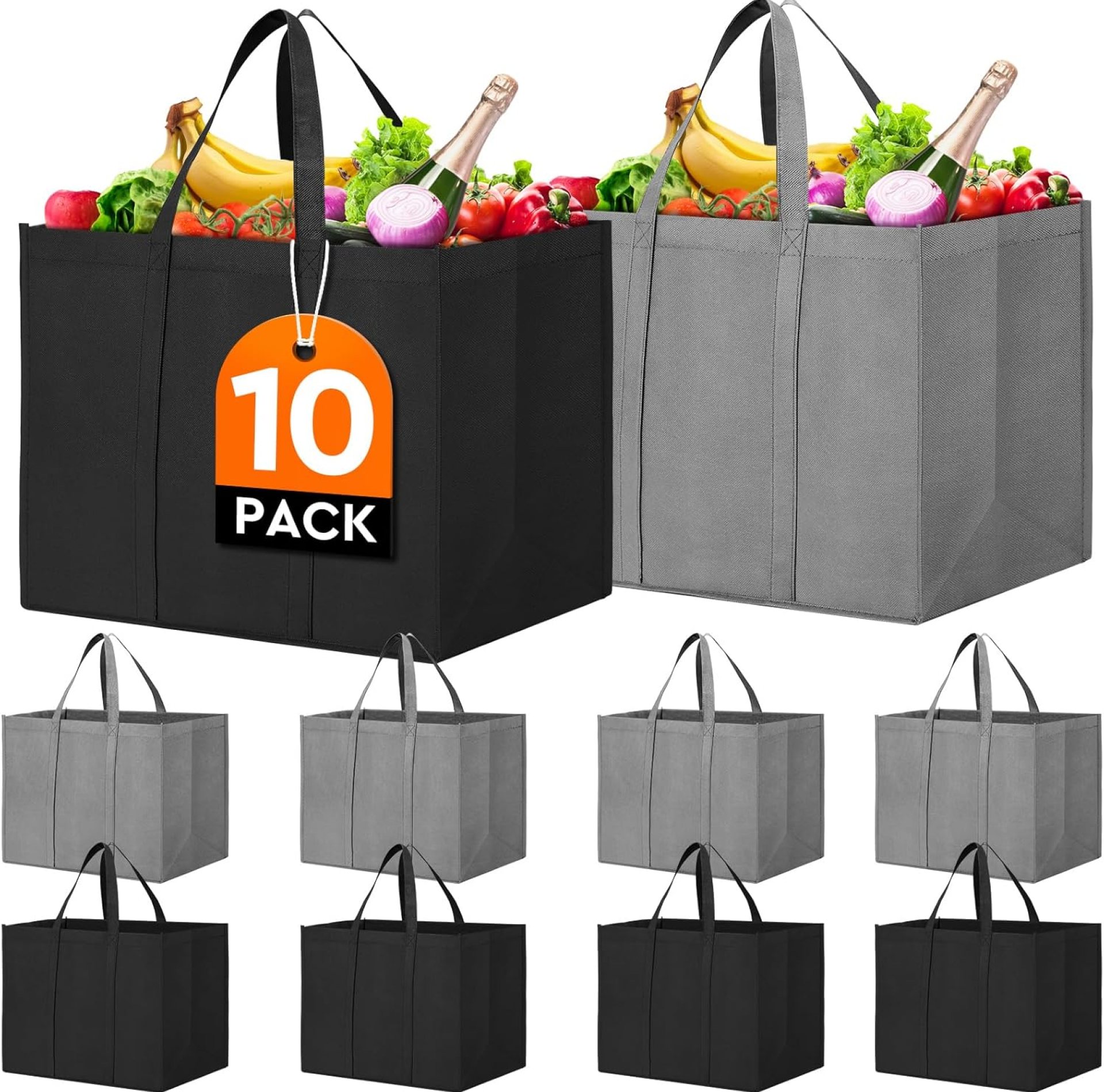 WISELIFE Reusable Grocery Shopping Bags 10 Pack Large Foldable Tote Bags Bulk, Eco Produce Bags with Long Handle for Shopping Groceries Clothes (Grey&Black) WISELIFE Reusable Grocery Shopping Bags 10 Pack Large Foldable Tote Bags Bulk, Eco Produce Bags with Long Handle for Shopping Groceries Clothes (Grey&Black)