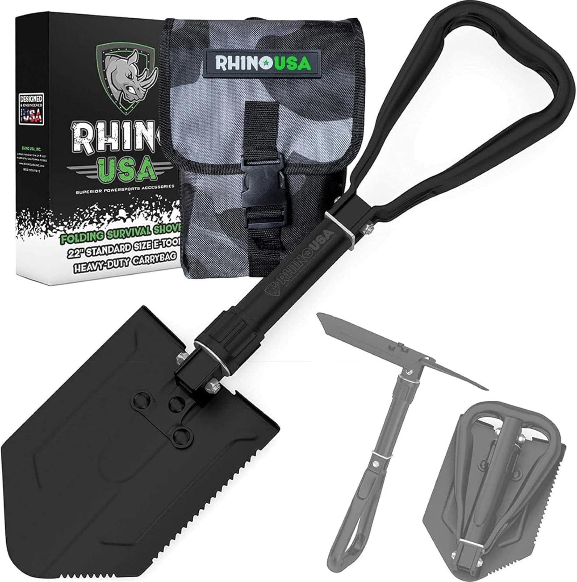 RHINO USA Folding Survival Shovel w/Pick – Heavy Duty Carbon Steel Military Style Entrenching Tool for Off Road, Camping, Gardening, Beach, Digging Dirt, Sand, Mud & Snow. RHINO USA Folding Survival Shovel w/Pick – Heavy Duty Carbon Steel Military Style Entrenching Tool for Off Road, Camping, Gardening, Beach, Digging Dirt, Sand, Mud & Snow.