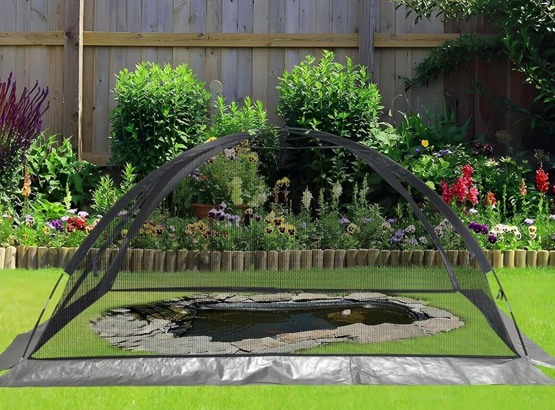 PGL Pond Cover Net Garden Dome Netting – Outdoor Protecting Tent for Fish Koi 11×14FT Fiberglass Rod and Nylon mesh with Zipper and Wind Rope Suitable for Fish Ponds, Vegetable Gardens, Flower beds PGL Pond Cover Net Garden Dome Netting – Outdoor Protecting Tent for Fish Koi 11×14FT Fiberglass Rod and Nylon mesh with Zipper and Wind Rope Suitable for Fish Ponds, Vegetable Gardens, Flower beds
