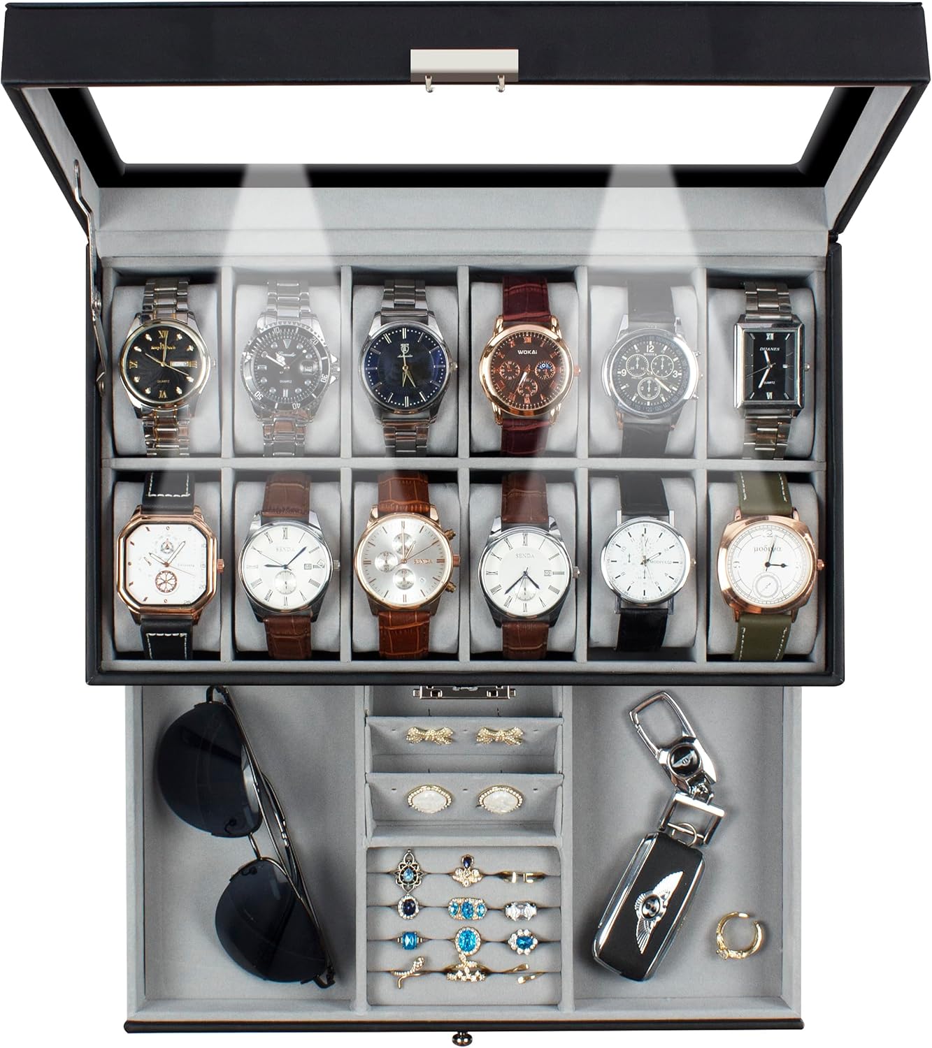 GUKA Watch Box 12 Slot Watch Display Organizer Leather Jewelry Case Drawer Glass Birthday for Men Women, Child Husband Dad GK-012BKGREY-LED-24 GUKA Watch Box 12 Slot Watch Display Organizer Leather Jewelry Case Drawer Glass Birthday for Men Women, Child Husband Dad GK-012BKGREY-LED-24
