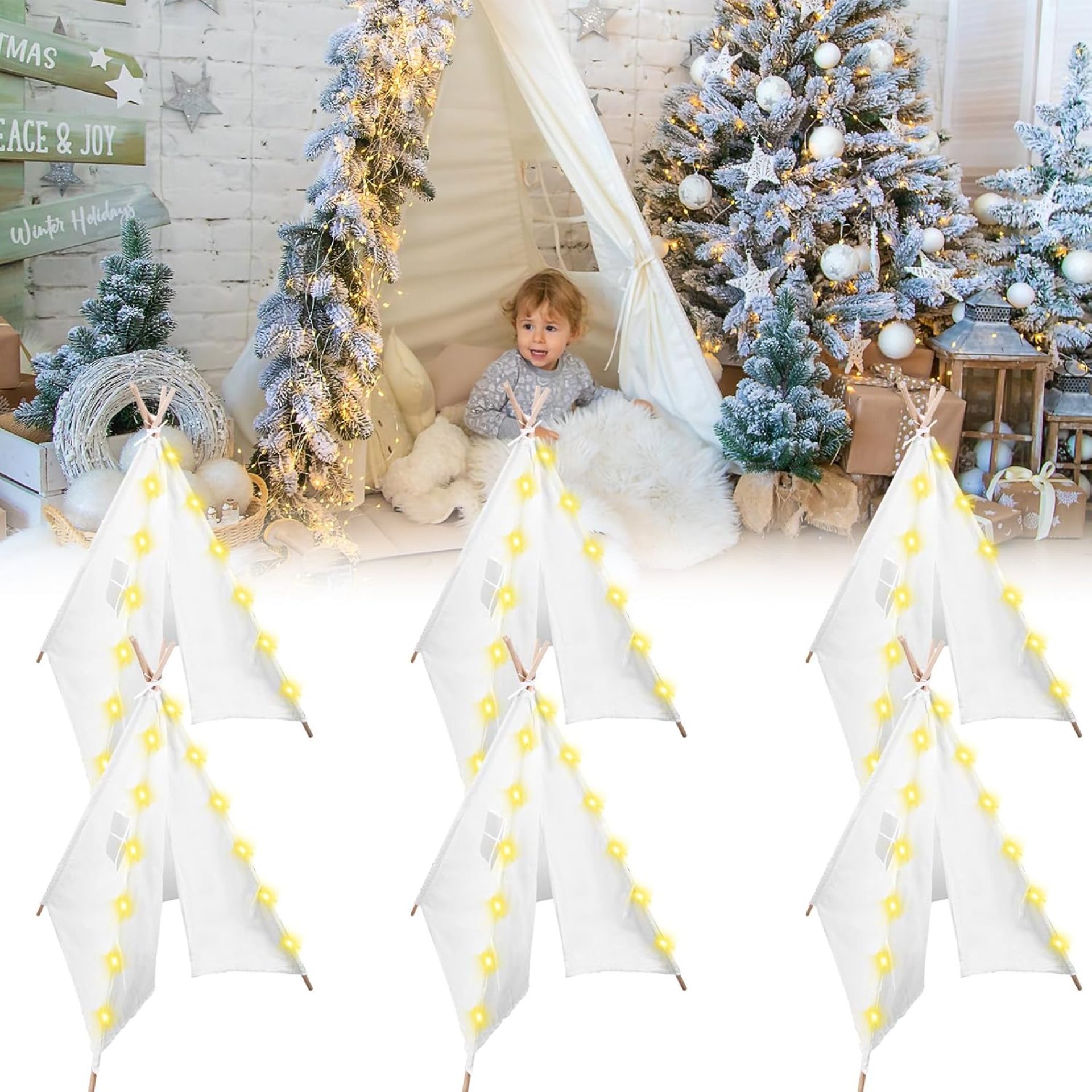 6 Packs Teepee Tent for Kids with 10FT String Lights, Indoor Outdoor Play Teepee Tent for Girls & Boys, Foldable Tents for Birthday Party Boho Sleepovers Party Pajama Party (White) 6 Packs Teepee Tent for Kids with 10FT String Lights, Indoor Outdoor Play Teepee Tent for Girls & Boys, Foldable Tents for Birthday Party Boho Sleepovers Party Pajama Party (White)