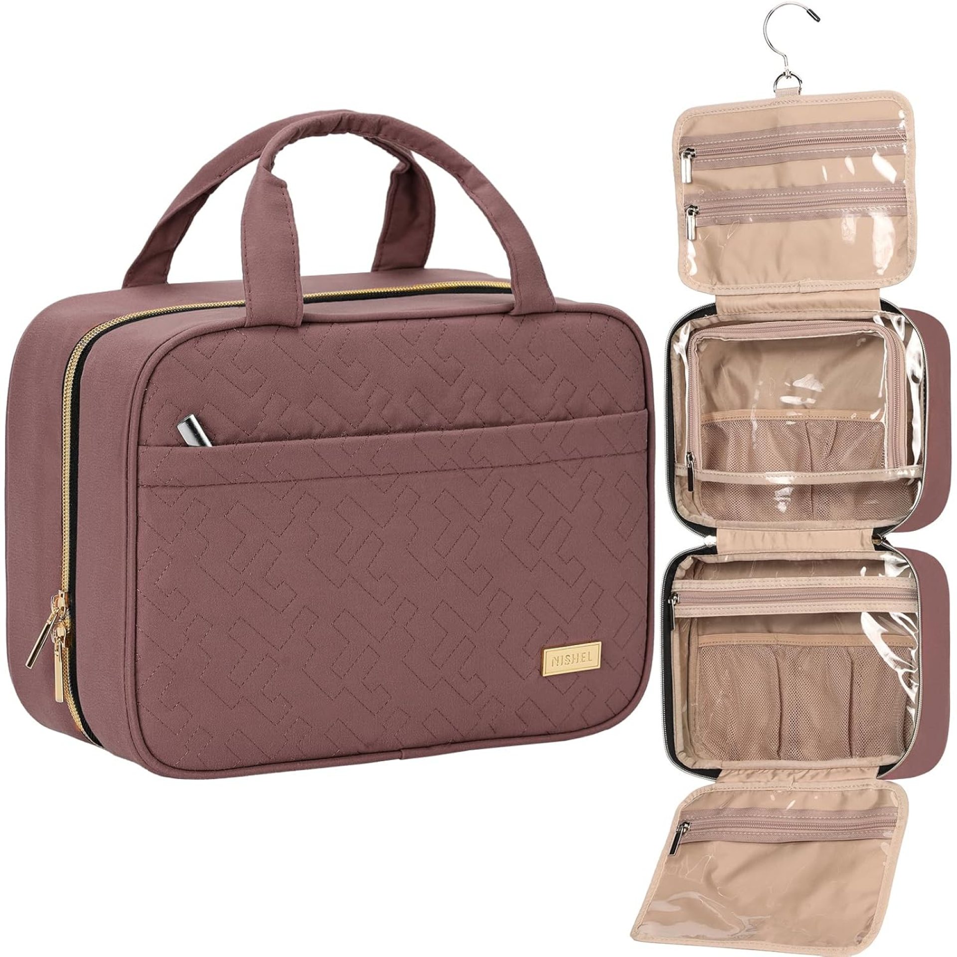 NISHEL Travel Toiletry Bag for women, Portable Hanging Organizer for Travel-Sized Shampoo, Conditioner, Brushes Set, Makeup Accessories, Medium Size, Rosewood-Pink NISHEL Travel Toiletry Bag for women, Portable Hanging Organizer for Travel-Sized Shampoo, Conditioner, Brushes Set, Makeup Accessories, Medium Size, Rosewood-Pink