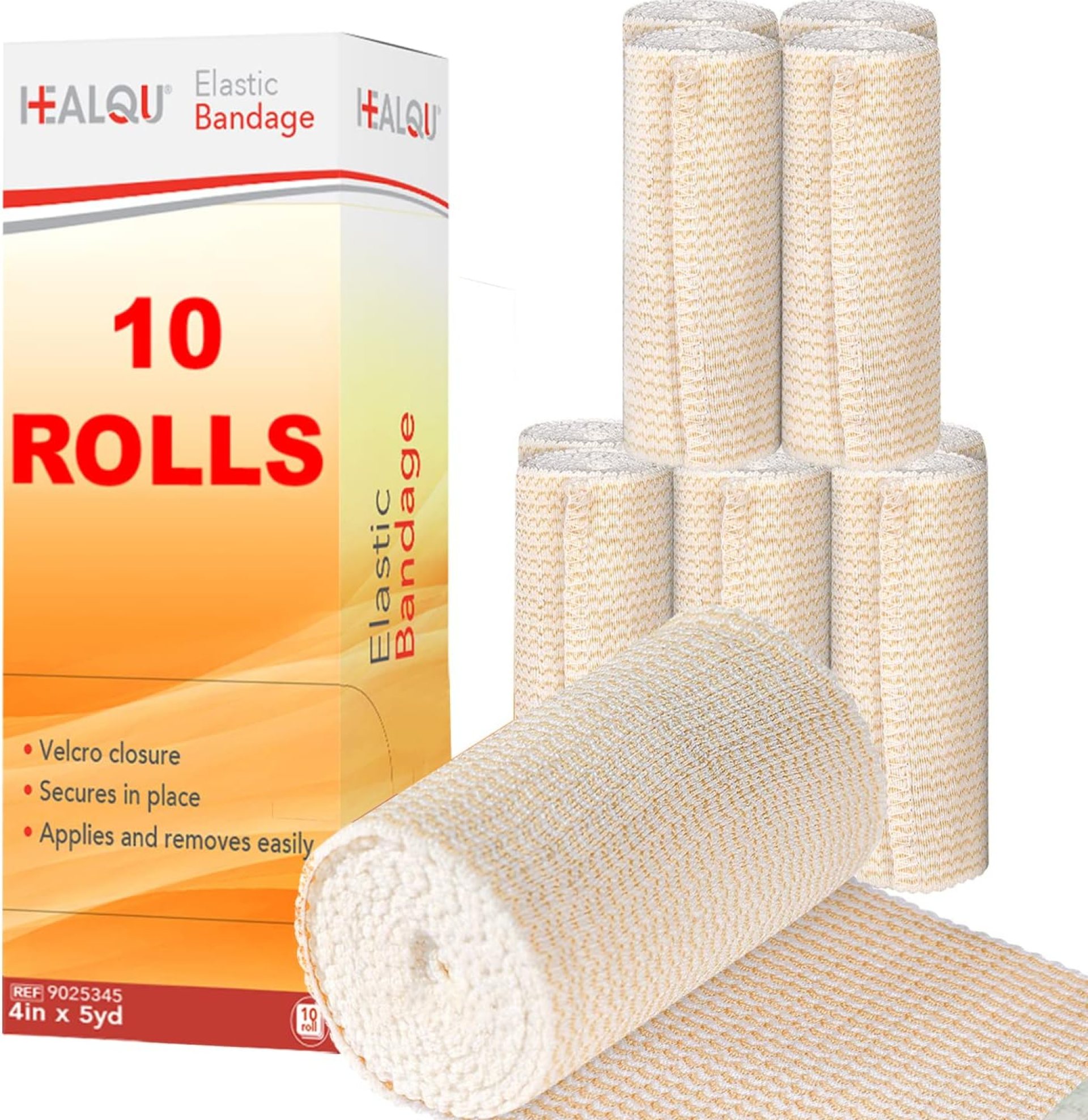 HEALQU Premium Elastic Bandage – Self-Closure Compression Wrap for Legs, Knees, Ankles, Wrists, Elbows, Shoulders – 4 Inch by 5 Yards, Box of 10 Rolls Athletic Stretchable Bandage Wrap HEALQU Premium Elastic Bandage – Self-Closure Compression Wrap for Legs, Knees, Ankles, Wrists, Elbows, Shoulders – 4 Inch by 5 Yards, Box of 10 Rolls Athletic Stretchable Bandage Wrap