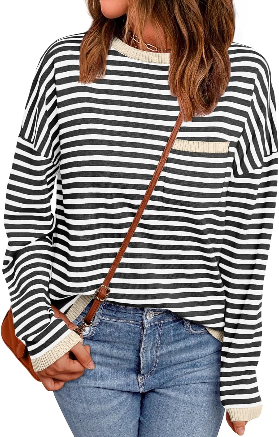 LILLUSORY Womens Oversized Striped Soft Knit Pullover Sweater Shirts with Chest Pocket LILLUSORY Womens Oversized Striped Soft Knit Pullover Sweater Shirts with Chest Pocket