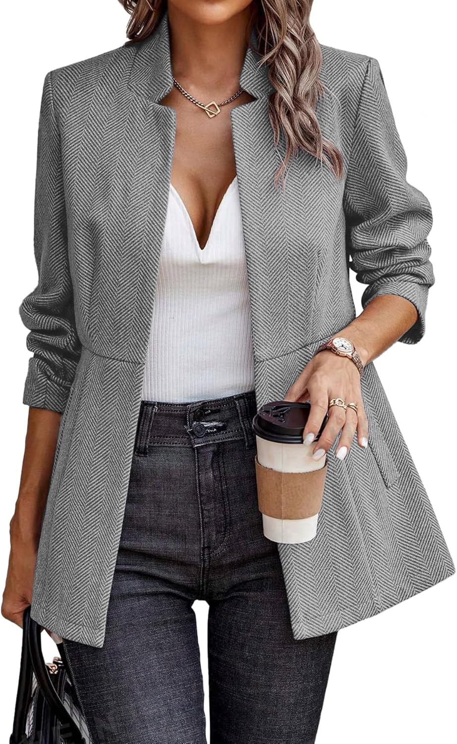 ELLEVEN Women’s Open Front Herringbone Blazer-Business Casual Long Sleeve Work Jacket with Full Lining and Padded Shoulders ELLEVEN Women’s Open Front Herringbone Blazer-Business Casual Long Sleeve Work Jacket with Full Lining and Padded Shoulders