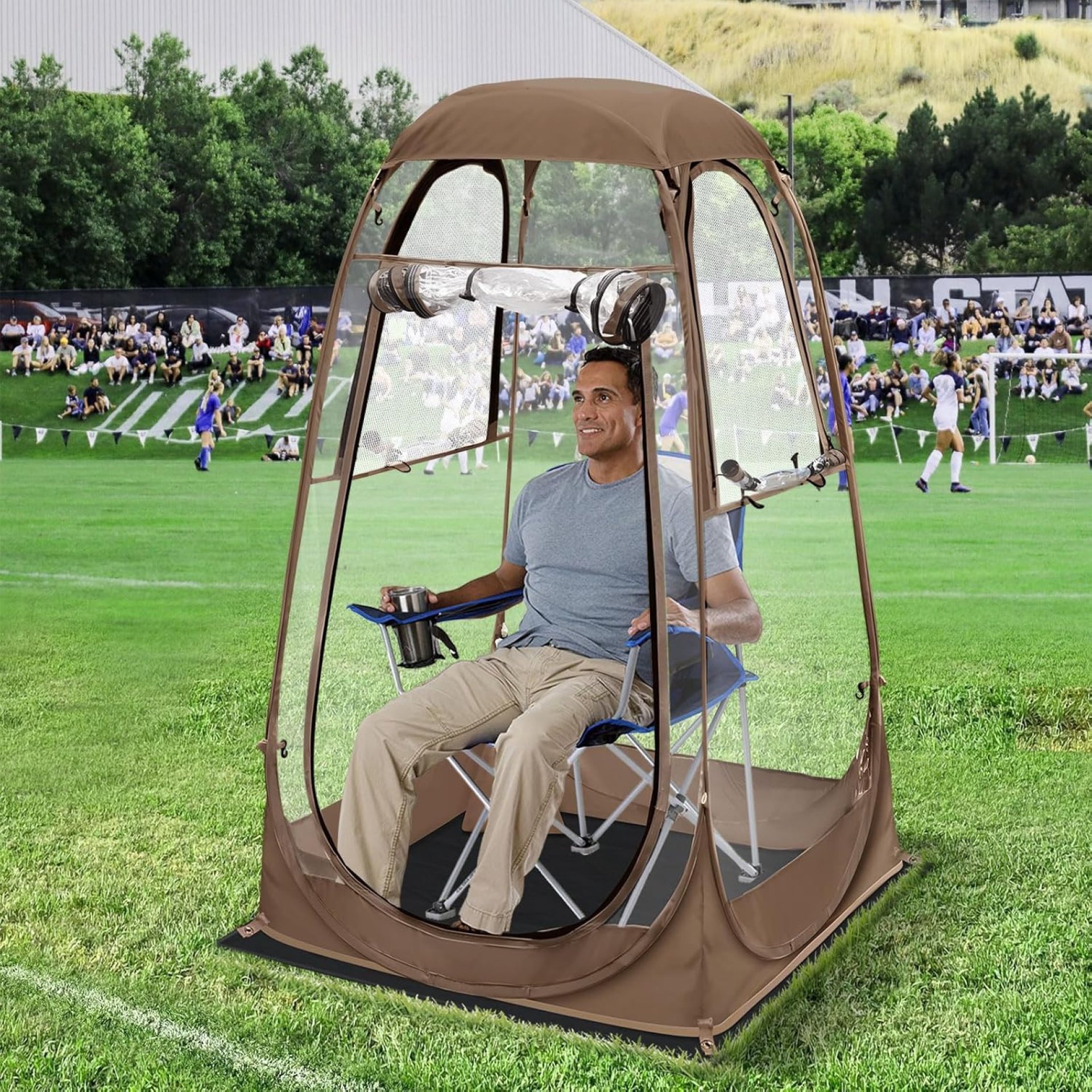 Eapele Sports Tent, Instant Pop-Up Tent Shelter, Outdoor Clear Bubble Tent 40″x40″x57″H, Provides Rain Tent Protection for Watching Sports Events, Camping, Fishing, Cheering, and Parades-Brown Eapele Sports Tent, Instant Pop-Up Tent Shelter, Outdoor Clear Bubble Tent 40″x40″x57″H, Provides Rain Tent Protection for Watching Sports Events, Camping, Fishing, Cheering, and Parades-Brown