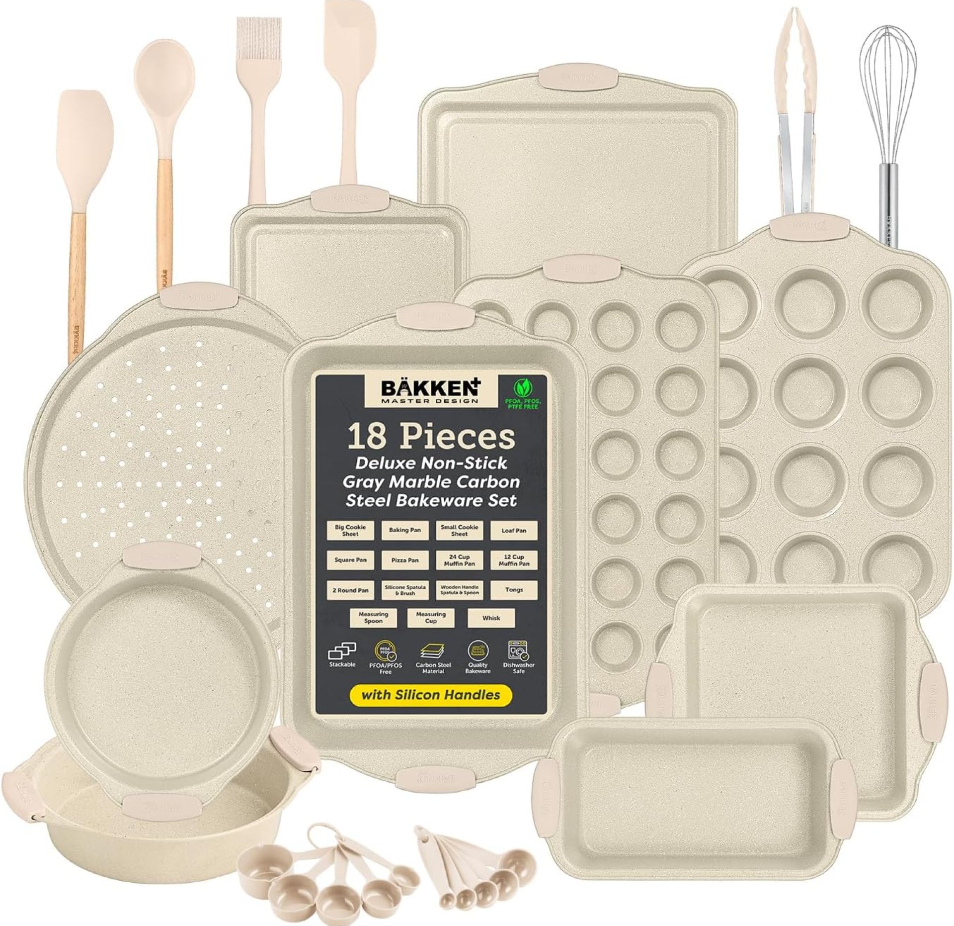 BAKKENMASTE 18-Piece Deluxe Nonstick Carbon Steel Bakeware Set – Professional Kitchen Oven Baking Pans with White Silicone Handles and Accessories BAKKENMASTE 18-Piece Deluxe Nonstick Carbon Steel Bakeware Set – Professional Kitchen Oven Baking Pans with White Silicone Handles and Accessories