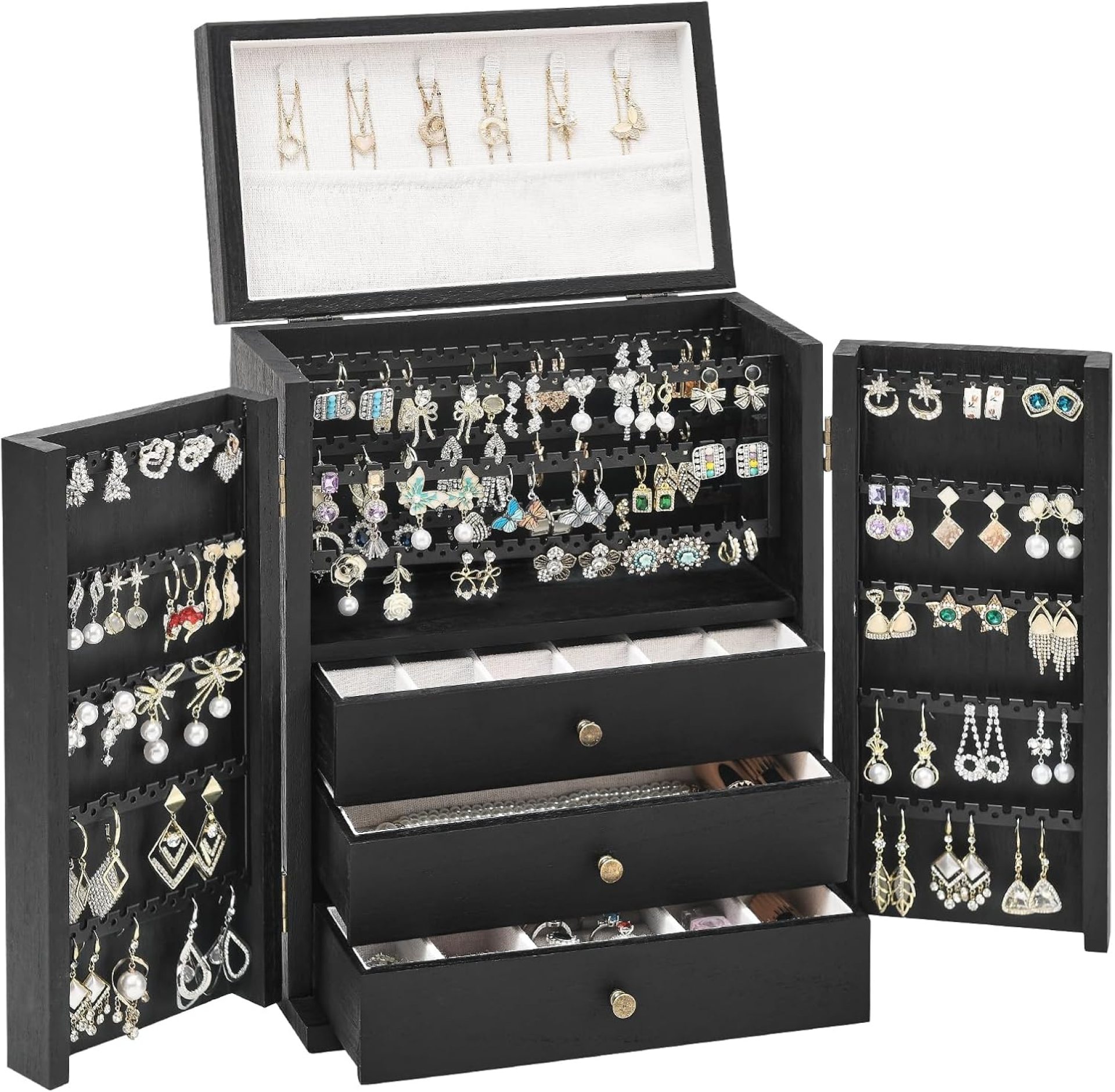 Jewelry Box Organizer, Large Jewelry Boxes for Women, Earring Jewelry Organizer for Necklace Earring Ring Bracelet, Rustic Wood Jewelry Organizer Box for Girls, Ideal Gift (Black) Jewelry Box Organizer, Large Jewelry Boxes for Women, Earring Jewelry Organizer for Necklace Earring Ring Bracelet, Rustic Wood Jewelry Organizer Box for Girls, Ideal Gift (Black)