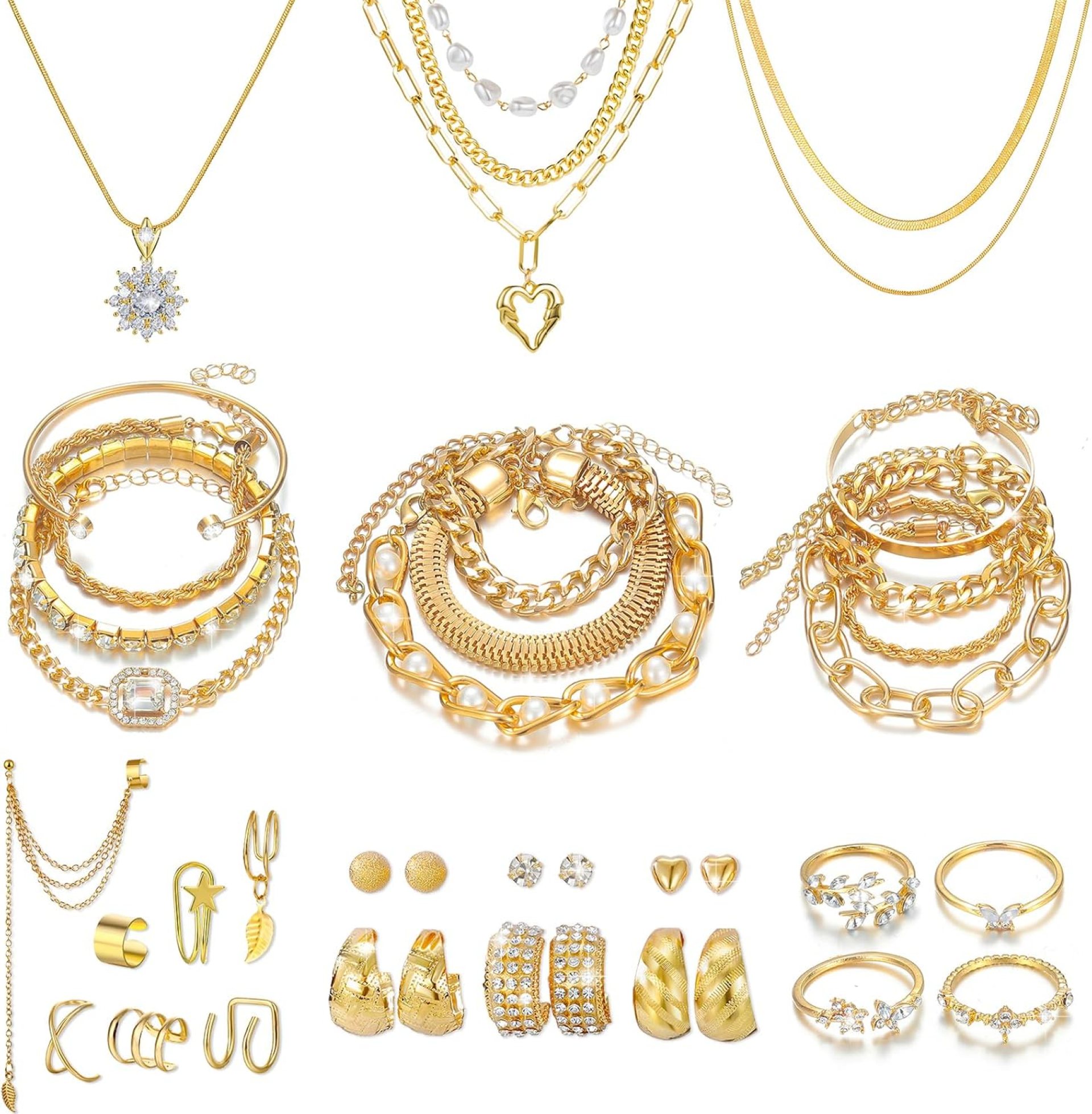 KISS WIFE Gold Plated Jewelry Set for Women with Multi Layered Necklaces, Stackable Bracelets, Knuckle Rings, Hoop Earrings Sets, Fashion Outfit Accessories Jewelry Packs, Gifts for Women KISS WIFE Gold Plated Jewelry Set for Women with Multi Layered Necklaces, Stackable Bracelets, Knuckle Rings, Hoop Earrings Sets, Fashion Outfit Accessories Jewelry Packs, Gifts for Women