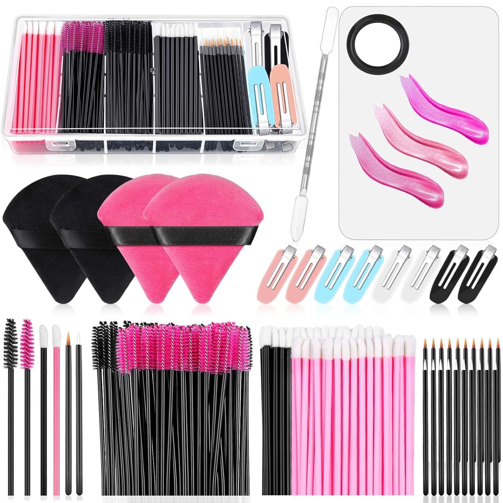 Disposable Applicators Kit With Makeup Puff, Mixing Palette, Artist Supplies, Accessories, Mascara Wands, Lip Brushes, Hair Clips, Powder Puffs for Face With Storage Box Disposable Applicators Kit With Makeup Puff, Mixing Palette, Artist Supplies, Accessories, Mascara Wands, Lip Brushes, Hair Clips, Powder Puffs for Face With Storage Box