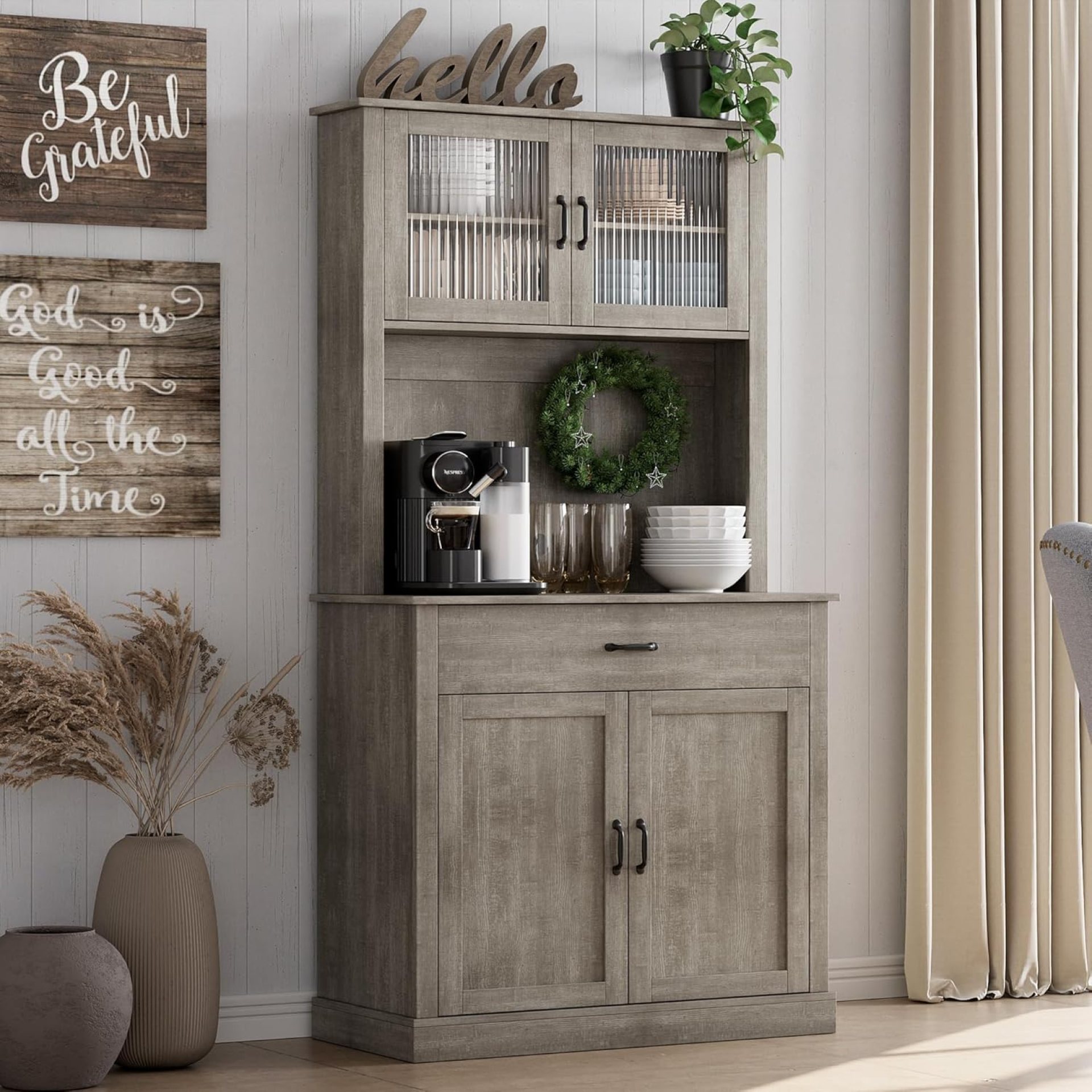 Kitchen Pantry Cabinet, 71″ Tall Kitchen Hutch Storage Cabinet with Microwave Stand, Freestanding Buffet Cabinet with Shelves and Glass Doors for Home Dining Room, Grey Kitchen Pantry Cabinet, 71″ Tall Kitchen Hutch Storage Cabinet with Microwave Stand, Freestanding Buffet Cabinet with Shelves and Glass Doors for Home Dining Room, Grey