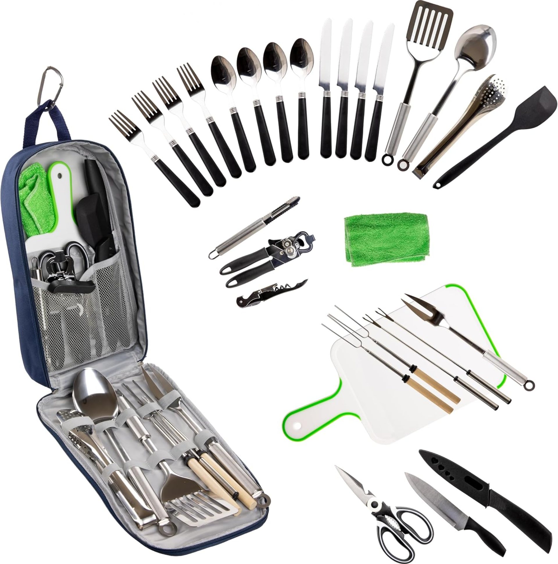 Camp Cooking Utensil Set & Outdoor Kitchen Gear Cookware Kit, Portable Compact Carry Case for Camping, Hiking, Travel, BBQ Grilling Stainless Steel Accessories Spoon & Fork Camp Cooking Utensil Set & Outdoor Kitchen Gear Cookware Kit, Portable Compact Carry Case for Camping, Hiking, Travel, BBQ Grilling Stainless Steel Accessories Spoon & Fork