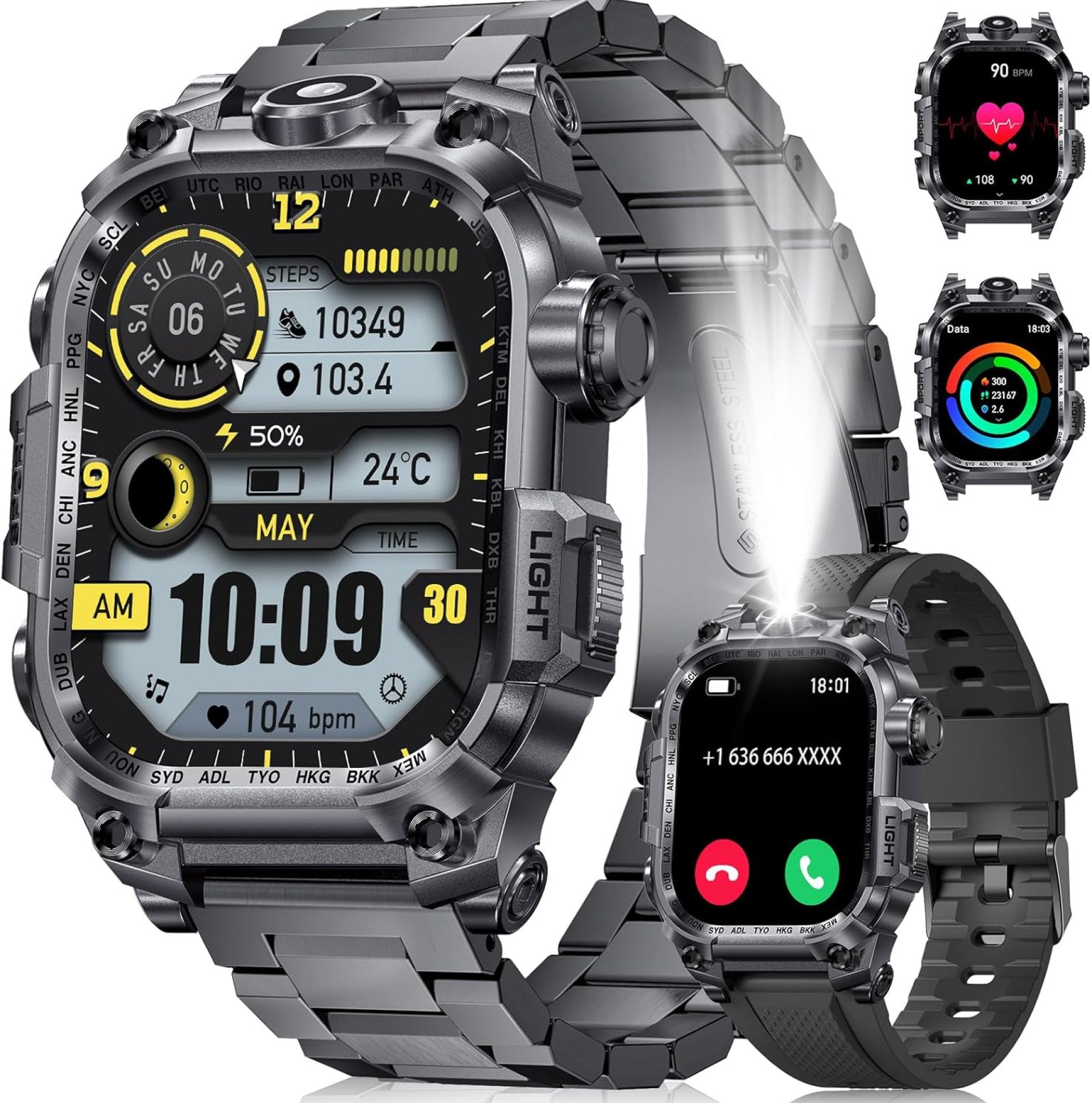 Military Smart Watches for Men(Answer/Make Calls),2.01″HD Screen Outdoor Sports Smartwatch with LED Flashlight,700mAh Battery,Heart Rate/Sleep Monitor Fitness Tracker for Android iOS,100+Sport Modes Military Smart Watches for Men(Answer/Make Calls),2.01″HD Screen Outdoor Sports Smartwatch with LED Flashlight,700mAh Battery,Heart Rate/Sleep Monitor Fitness Tracker for Android iOS,100+Sport Modes