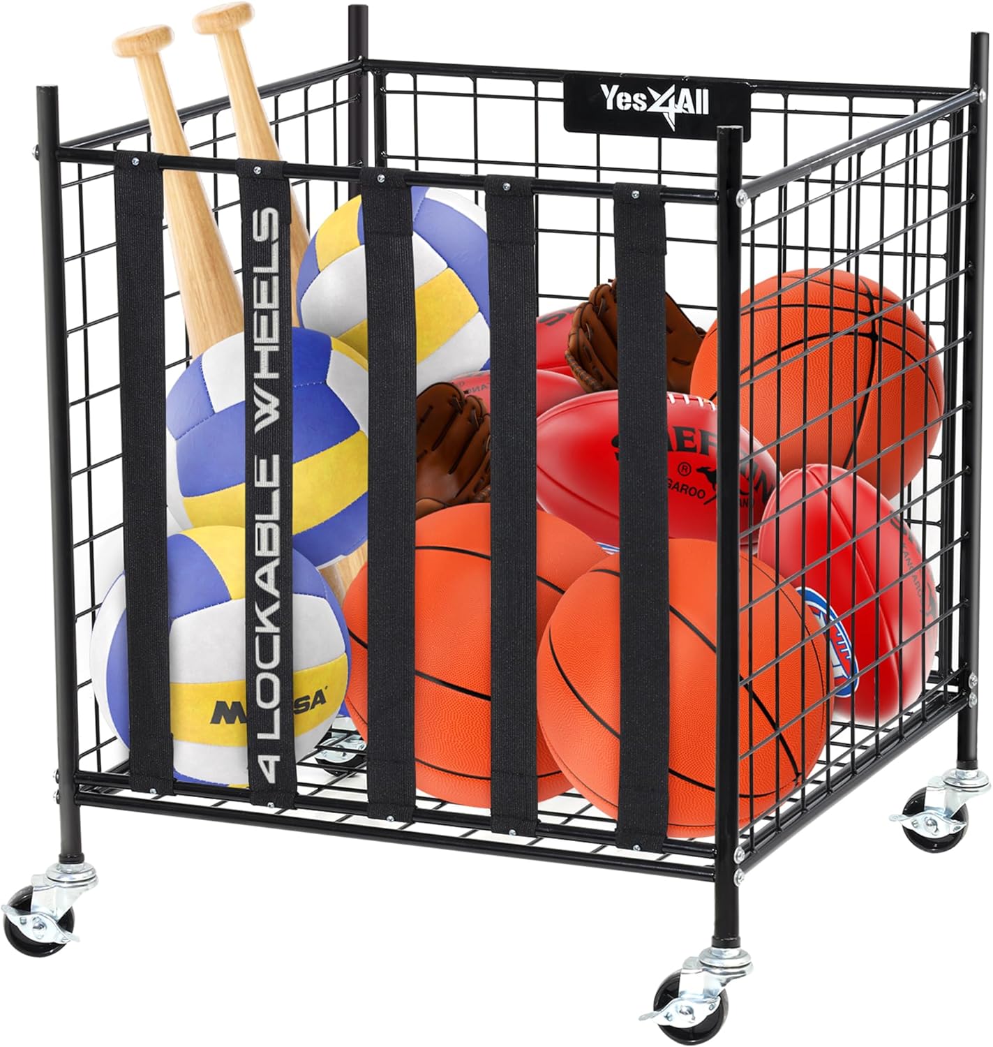 YES4ALL Rolling Ball Cart Storage with Lockable Wheels Volleyball Basketball Holder, Toy Balls Bin, Garage Cage, Storage Racks, Sports Equipment Organizer, Ball Rack for Outdoor Indoor Use YES4ALL Rolling Ball Cart Storage with Lockable Wheels Volleyball Basketball Holder, Toy Balls Bin, Garage Cage, Storage Racks, Sports Equipment Organizer, Ball Rack for Outdoor Indoor Use