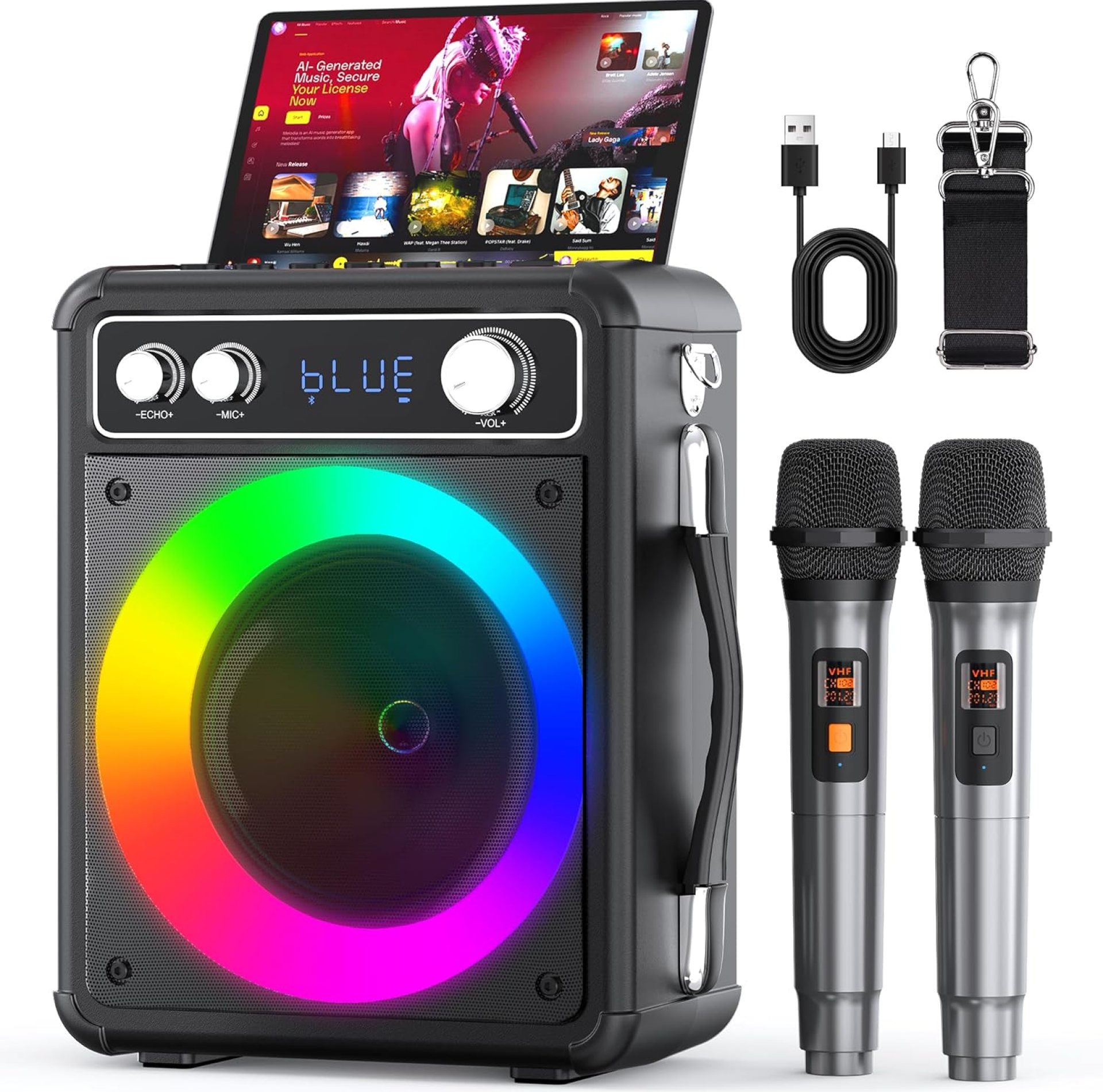 Karaoke Machine, Portable Bluetooth Karaoke Speaker with 2 Wireless Microphones, PA System for Adults Kids with LED Lights, Supports REC/FM/AUX/USB/TF for Home Party Karaoke Machine, Portable Bluetooth Karaoke Speaker with 2 Wireless Microphones, PA System for Adults Kids with LED Lights, Supports REC/FM/AUX/USB/TF for Home Party