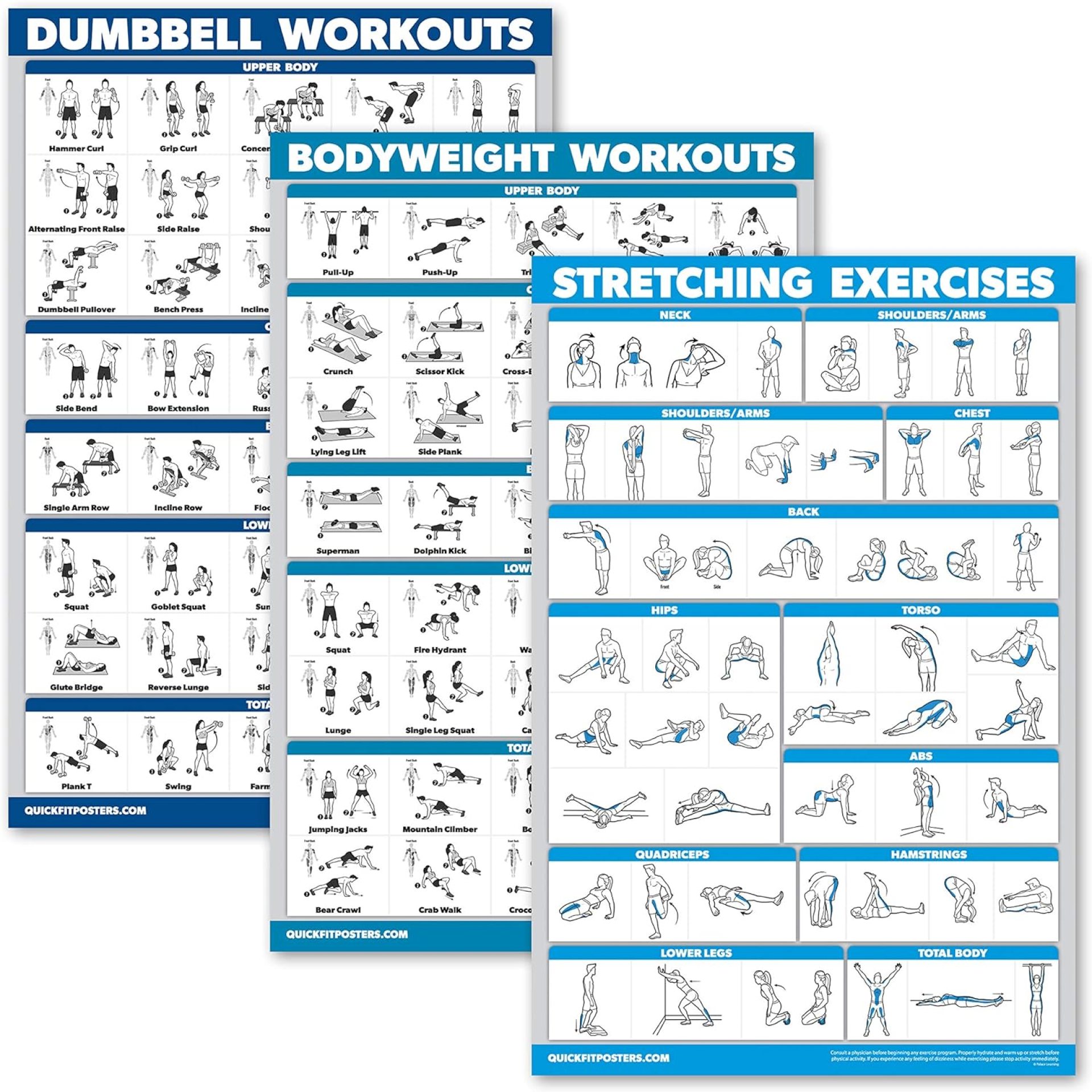 QuickFit 3 Pack – Dumbbell Workouts + Bodyweight Exercises + Stretching Routine Poster Set – Set of 3 Workout Charts (Laminated, 18″ x 24″) QuickFit 3 Pack – Dumbbell Workouts + Bodyweight Exercises + Stretching Routine Poster Set – Set of 3 Workout Charts (Laminated, 18″ x 24″)