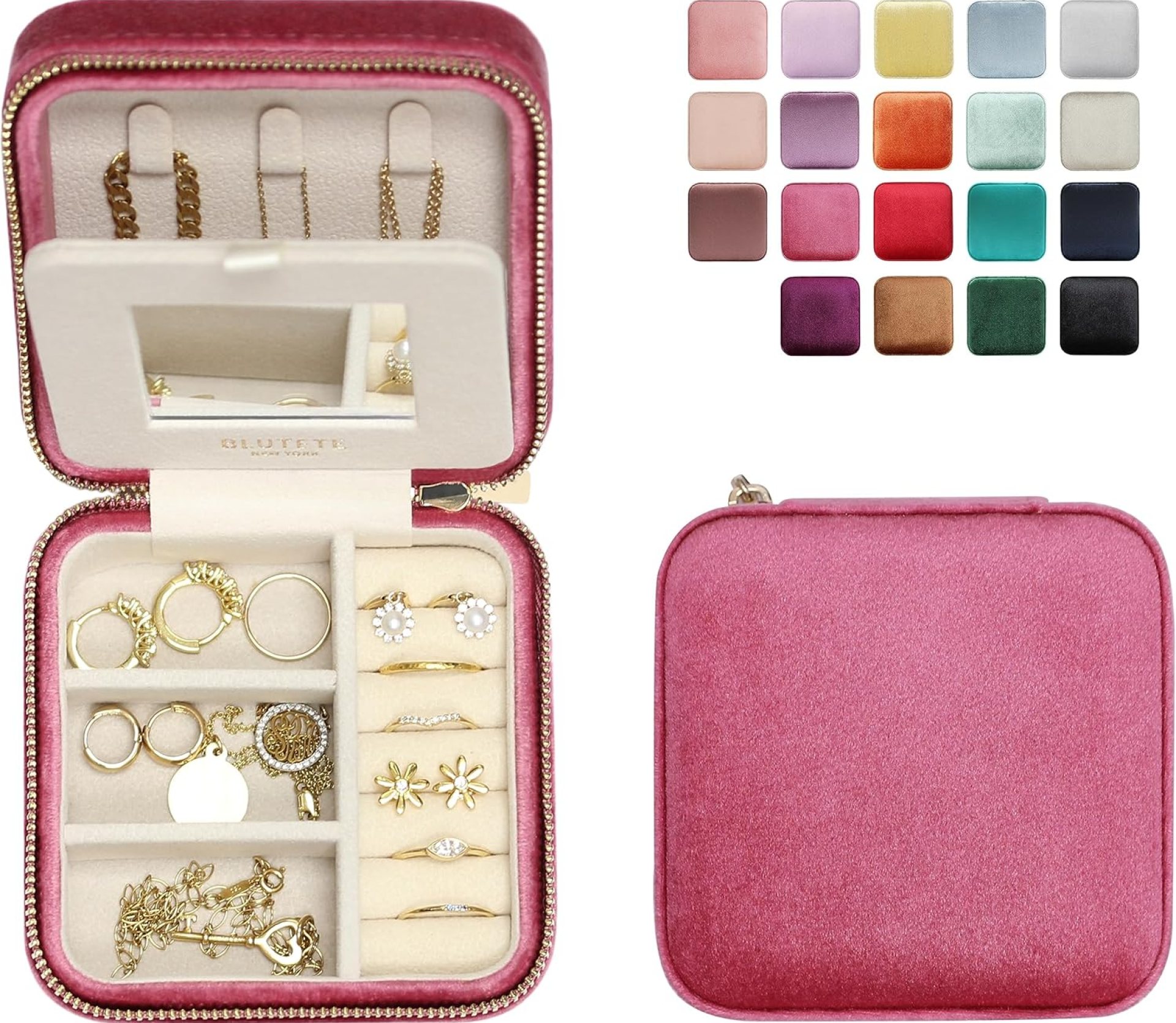 BLUTETE Travel Jewelry Box Organizer Velvet Travel Case With Mirror Ring Earrings Necklaces Storage Organizer Box (Berry Pink) BLUTETE Travel Jewelry Box Organizer Velvet Travel Case With Mirror Ring Earrings Necklaces Storage Organizer Box (Berry Pink)