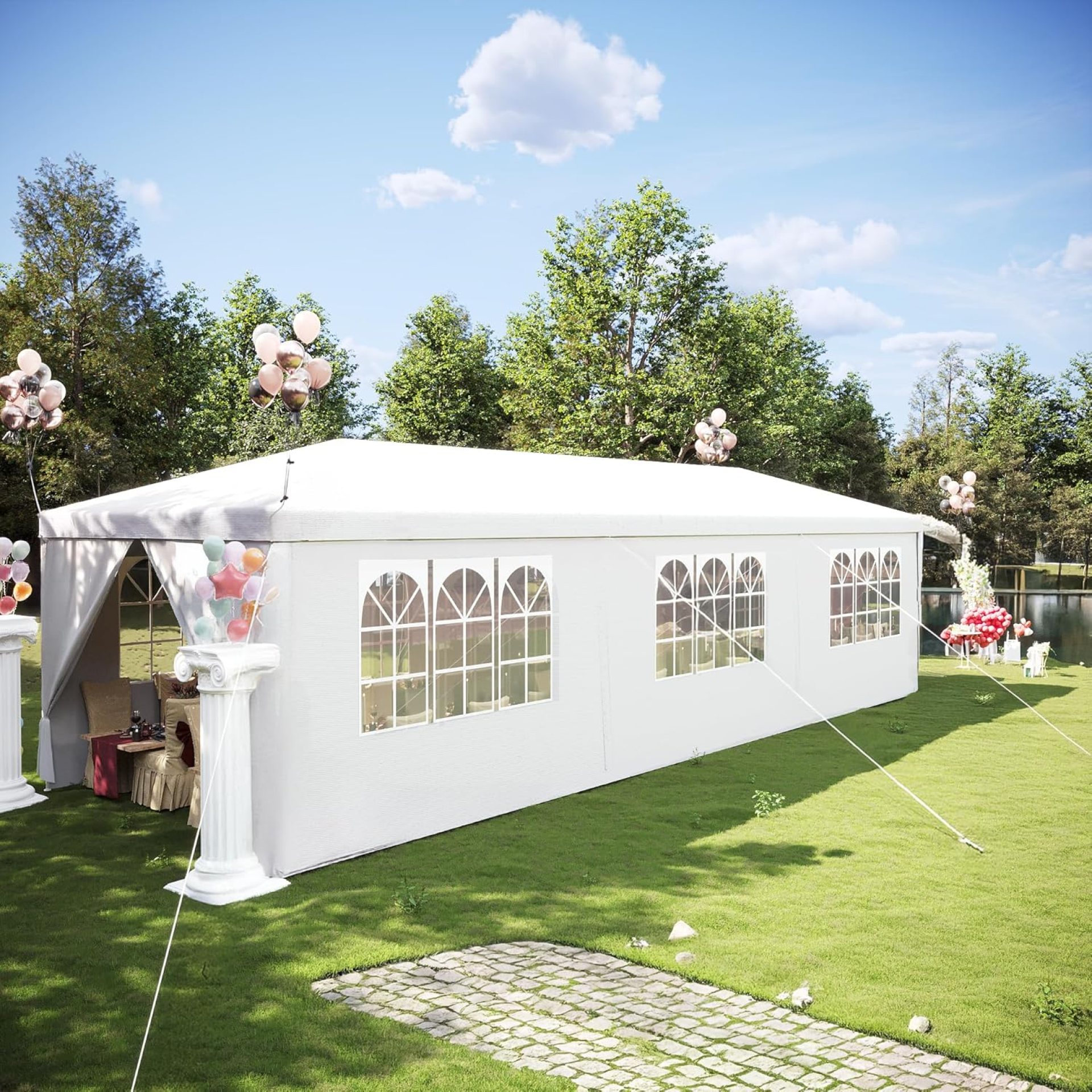 EROMMY 10×30 Ft White Heavy Duty Tent Outdoor Wedding Tent Waterproof Patio Event Tents with 6 Sidewalls & 2 Zippered Doors for Birthday Parties Holiday BBQ Events EROMMY 10×30 Ft White Heavy Duty Tent Outdoor Wedding Tent Waterproof Patio Event Tents with 6 Sidewalls & 2 Zippered Doors for Birthday Parties Holiday BBQ Events
