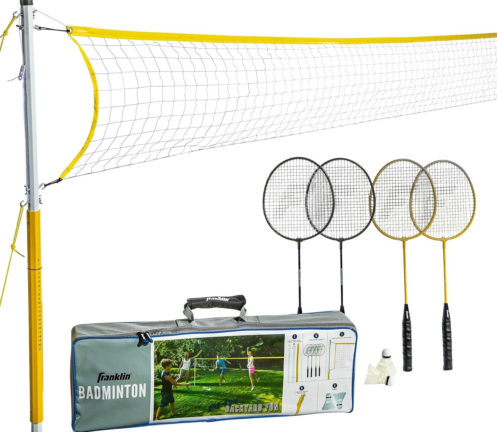 Franklin Sports Badminton Net Sets – Outdoor Backyard + Beach Badminton Net + Equipment Set – (4) Rackets + (2) Birdies + Portable Net Included – Adults + Kids Set Franklin Sports Badminton Net Sets – Outdoor Backyard + Beach Badminton Net + Equipment Set – (4) Rackets + (2) Birdies + Portable Net Included – Adults + Kids Set