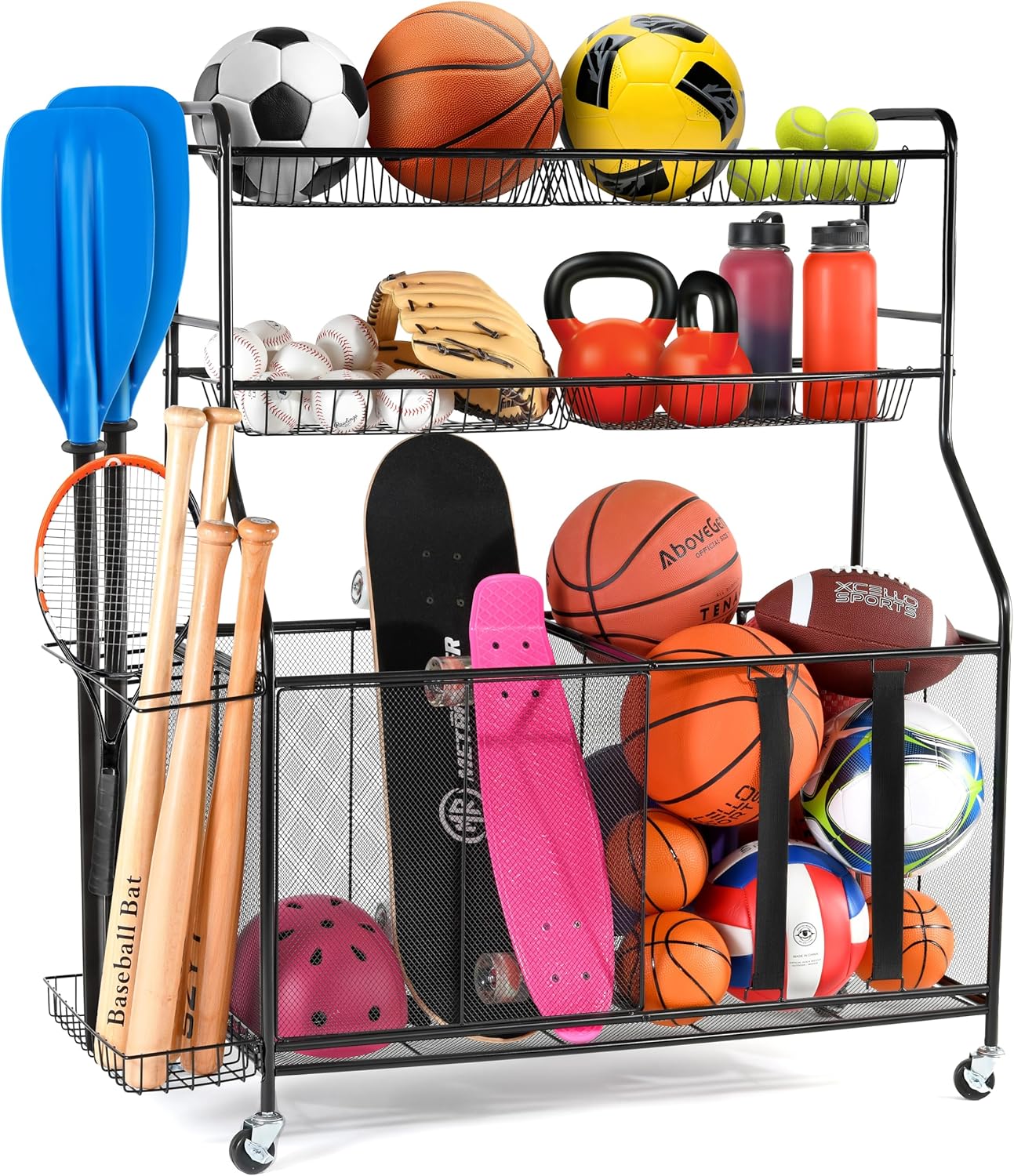 HOME IT Garage Sports Equipment Organizer – Garage Ball Storage Rack Organizer Holder with Baskets, Rolling Wheels & Breaks – Large Capacity Heavy Duty Steel Ball Storage Cart HOME IT Garage Sports Equipment Organizer – Garage Ball Storage Rack Organizer Holder with Baskets, Rolling Wheels & Breaks – Large Capacity Heavy Duty Steel Ball Storage Cart