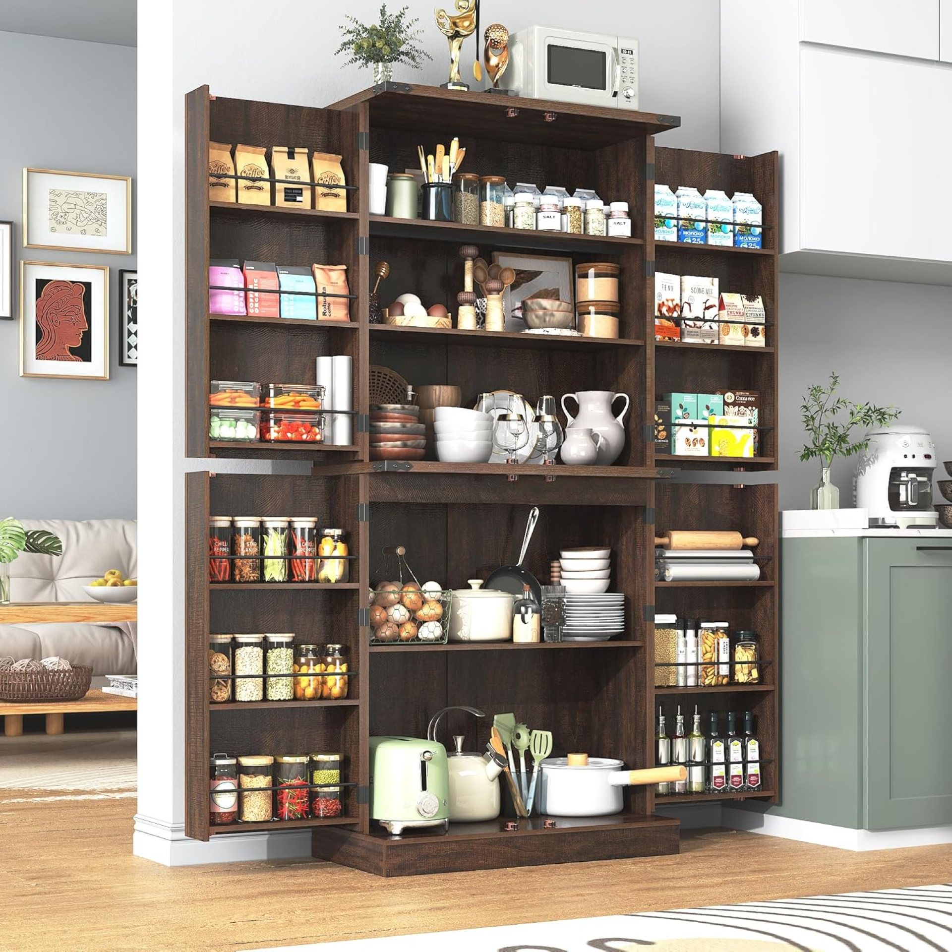 Farmhouse Kitchen Pantry Cabinet, 71″ Tall Storage Cabinet with Adjustable Shelves & 4 Barn Doors & Drawer, Rustic Wood Cupboard for Kitchen, Dining Room, Living Room, Brown Farmhouse Kitchen Pantry Cabinet, 71″ Tall Storage Cabinet with Adjustable Shelves & 4 Barn Doors & Drawer, Rustic Wood Cupboard for Kitchen, Dining Room, Living Room, Brown