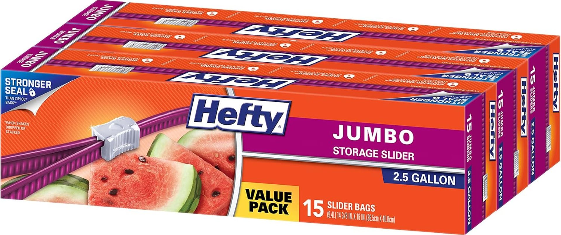 Hefty Slider Jumbo Storage Bags, 2.5 Gallon Size, 15 Count (Pack of 3), 45 Total Hefty Slider Jumbo Storage Bags, 2.5 Gallon Size, 15 Count (Pack of 3), 45 Total