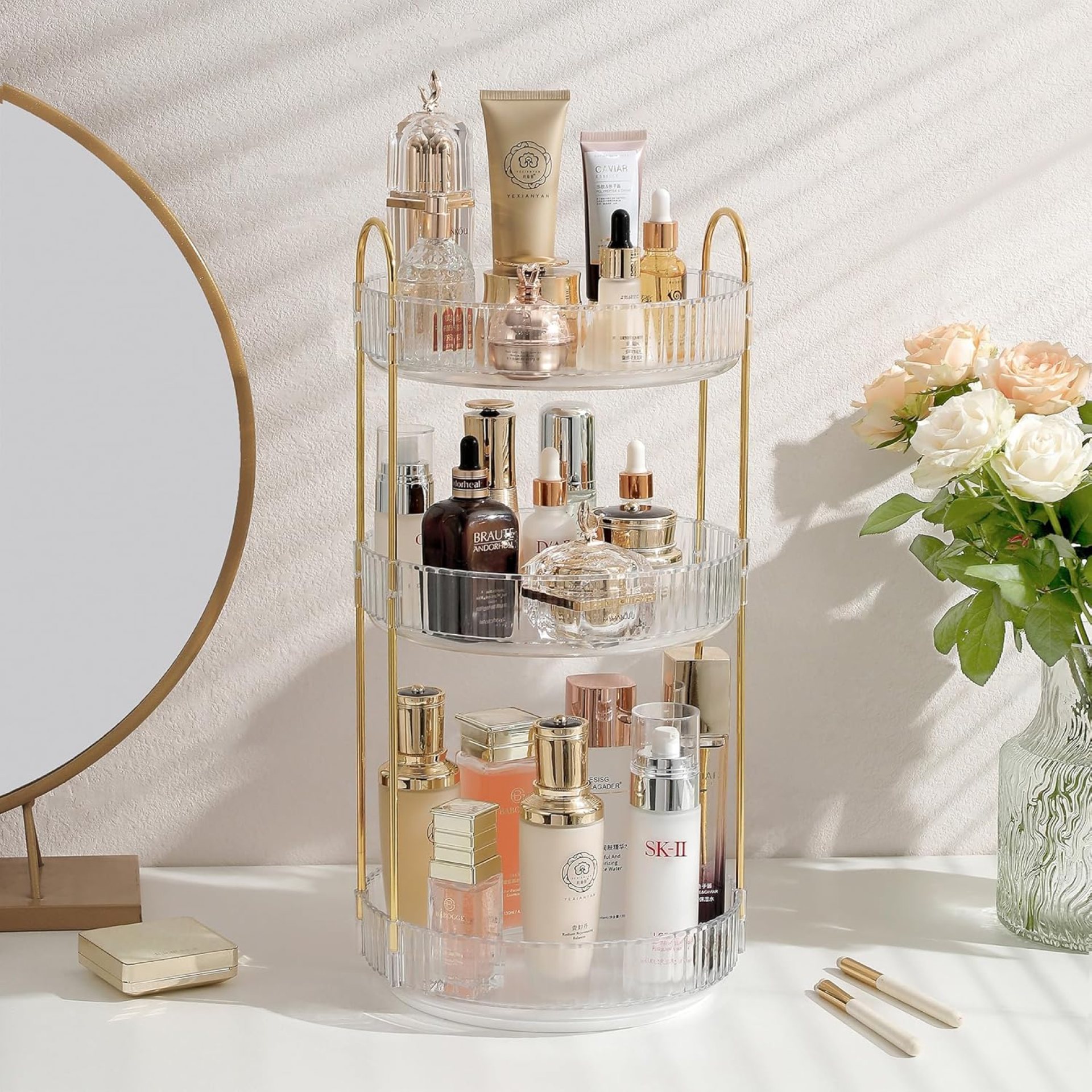 Aveniee Rotating Makeup Organizer for Vanity, 3 Tier Perfume Skincare Organizers and Storage for Bathroom Countertop, Clear Spinning Counter Cosmetic Holder for Dresser (White) Aveniee Rotating Makeup Organizer for Vanity, 3 Tier Perfume Skincare Organizers and Storage for Bathroom Countertop, Clear Spinning Counter Cosmetic Holder for Dresser (White)