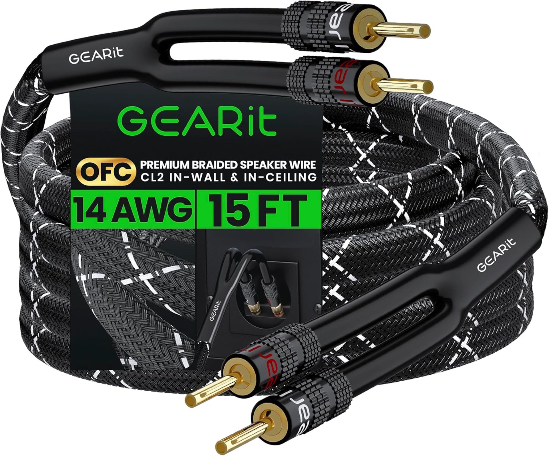 GearIT 14AWG Premium Heavy Duty Braided Speaker Wire (15 Feet) with Dual Gold Plated Banana Plug Tips – Oxygen-Free Copper (OFC) Construction, Black GearIT 14AWG Premium Heavy Duty Braided Speaker Wire (15 Feet) with Dual Gold Plated Banana Plug Tips – Oxygen-Free Copper (OFC) Construction, Black