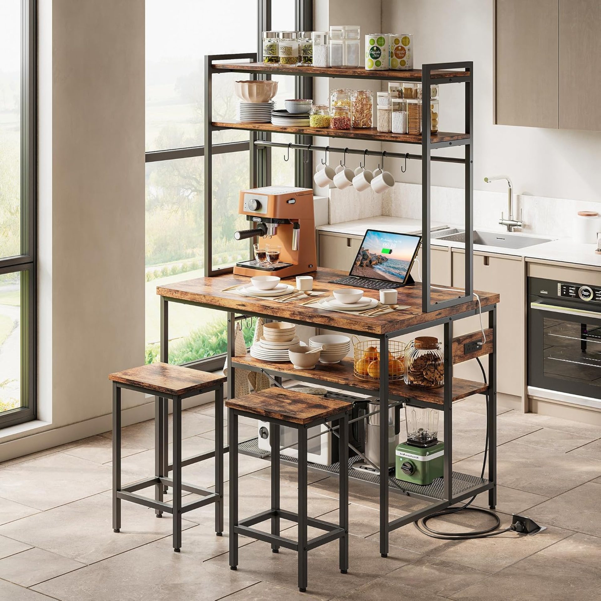 IRONCK Kitchen Island with Stools, Dining Table Set with Storage and Power Outlet, Industrial Coffee Bar Table for Kitchen Dining Living Room, 10 Hooks IRONCK Kitchen Island with Stools, Dining Table Set with Storage and Power Outlet, Industrial Coffee Bar Table for Kitchen Dining Living Room, 10 Hooks