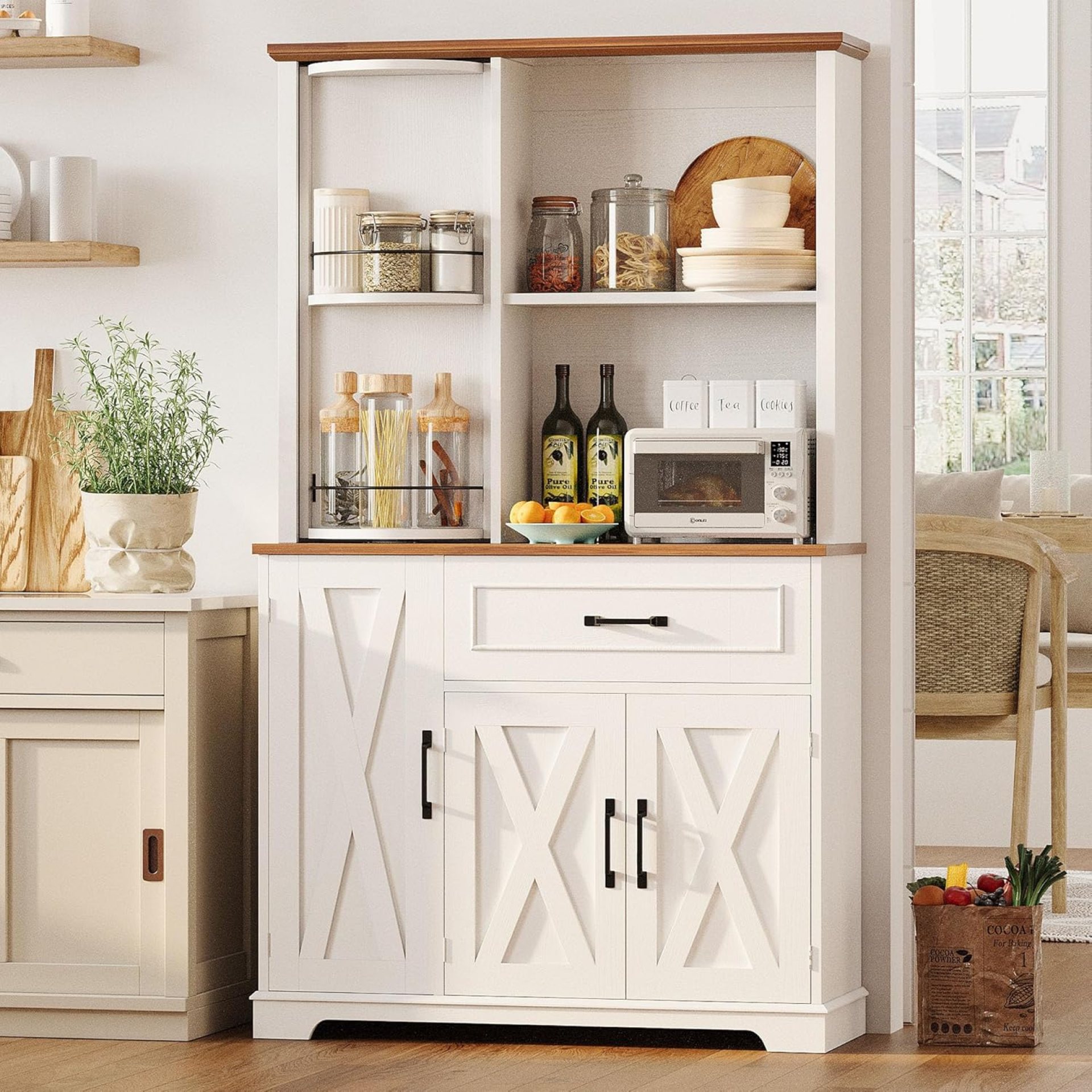 IRONCK Farmhouse Kitchen Pantry Cabinet with Charging Station, Kitchen Hutch Storage Cabinet with Microwave Stand and Rotating Rack for Kitchen, Dining Room, White IRONCK Farmhouse Kitchen Pantry Cabinet with Charging Station, Kitchen Hutch Storage Cabinet with Microwave Stand and Rotating Rack for Kitchen, Dining Room, White