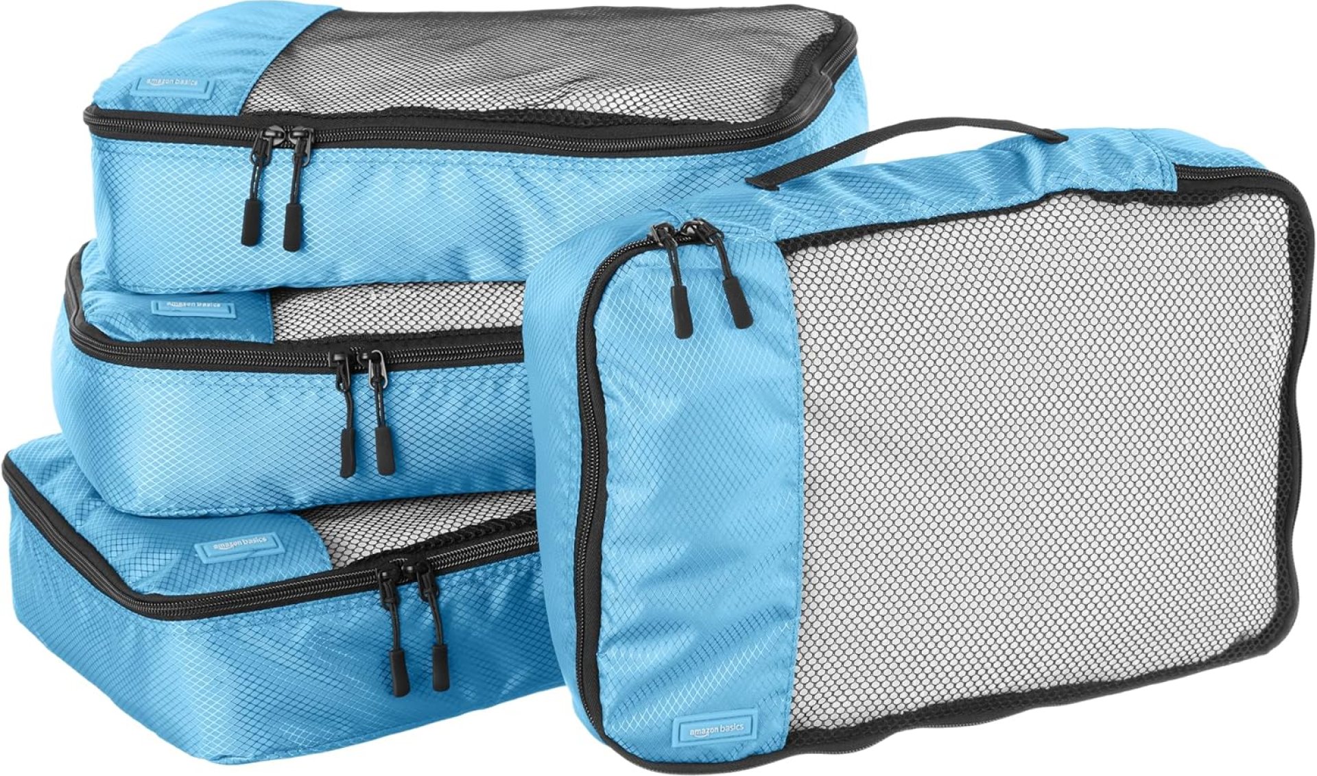 Amazon Basics Medium Packing Cubes for Travel, Packing Organizers, 4-Piece-Set With Double Zipper Pulls and Mesh Top Panel, 100% Durable Polyester, Sky Blue, 13.8″L x 9.8″W x 3″H Amazon Basics Medium Packing Cubes for Travel, Packing Organizers, 4-Piece-Set With Double Zipper Pulls and Mesh Top Panel, 100% Durable Polyester, Sky Blue, 13.8″L x 9.8″W x 3″H