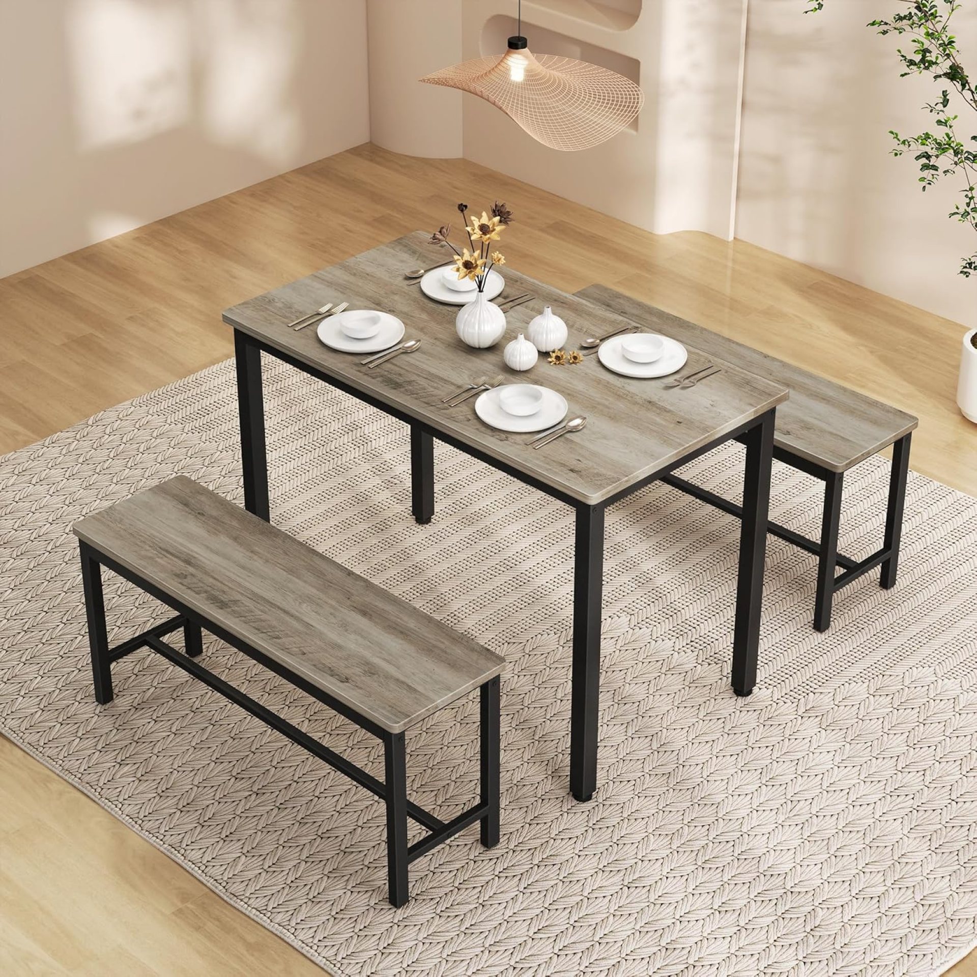 Dining Table Set for 4, Kitchen Room Table Set with 2 Benches, 3-Piece Dining Chairs Set for Breakfast Nook, Grey Dining Table Set for 4, Kitchen Room Table Set with 2 Benches, 3-Piece Dining Chairs Set for Breakfast Nook, Grey