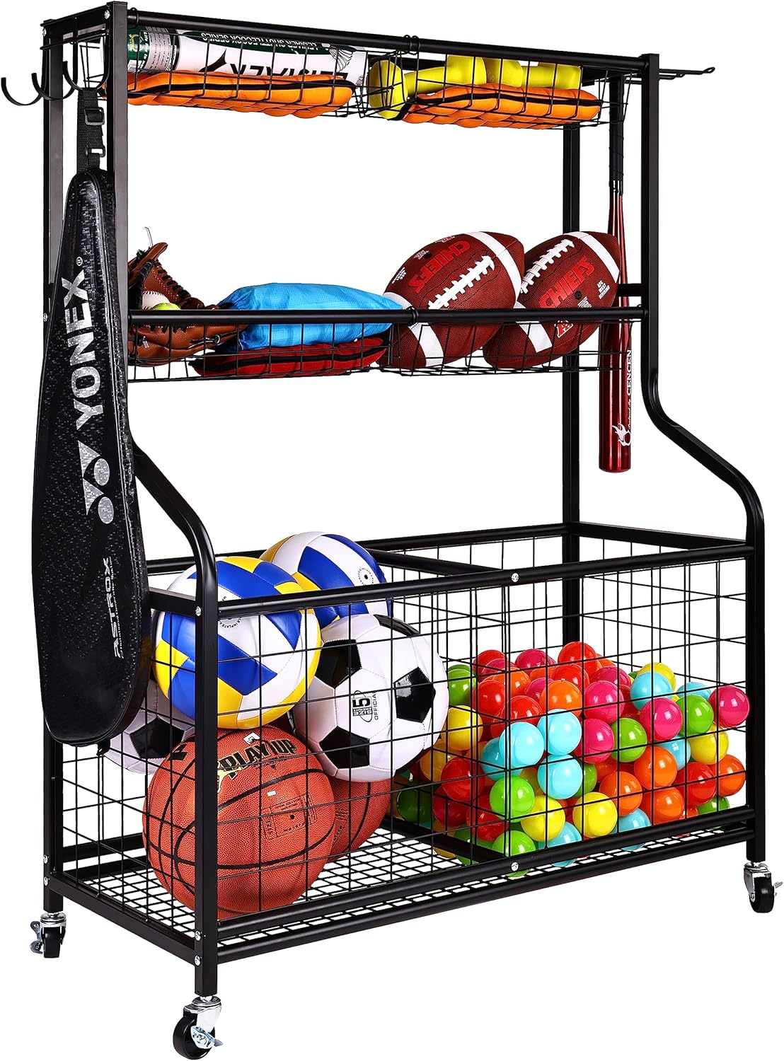 Garage Sports Equipment Organizer, Garage Ball Storage, Sports Gear Storage, Garage Organizer with Baskets and Hooks, Rolling Sports Ball Storage Cart, Black, Steel, Multiple Styles Garage Sports Equipment Organizer, Garage Ball Storage, Sports Gear Storage, Garage Organizer with Baskets and Hooks, Rolling Sports Ball Storage Cart, Black, Steel, Multiple Styles