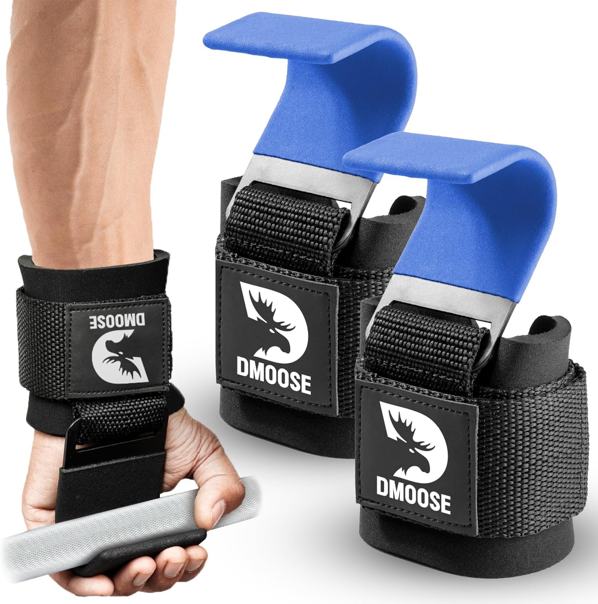 DMoose Fitness Weight Lifting Hooks for Men & Women (Pair) – 8 mm Thick Wrist Padding – Weight Grips for Powerlifting, Shrugs, Rows & Deadlift Support – Gym Lifting Straps with Pull Up Hooks DMoose Fitness Weight Lifting Hooks for Men & Women (Pair) – 8 mm Thick Wrist Padding – Weight Grips for Powerlifting, Shrugs, Rows & Deadlift Support – Gym Lifting Straps with Pull Up Hooks