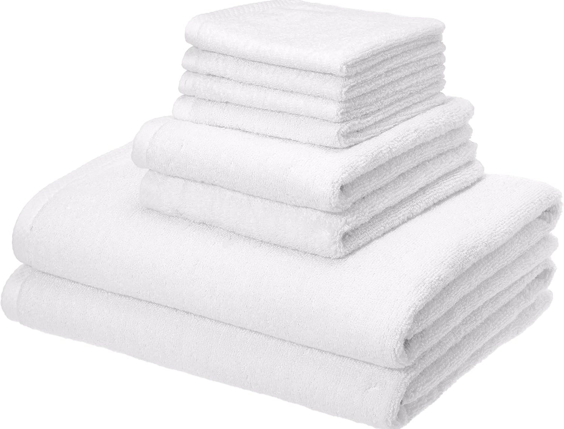 Amazon Basics 100% Cotton Soft Quick-Dry Bath Towel Set, 8-Piece, White, 10″ x 7″ Amazon Basics 100% Cotton Soft Quick-Dry Bath Towel Set, 8-Piece, White, 10″ x 7″