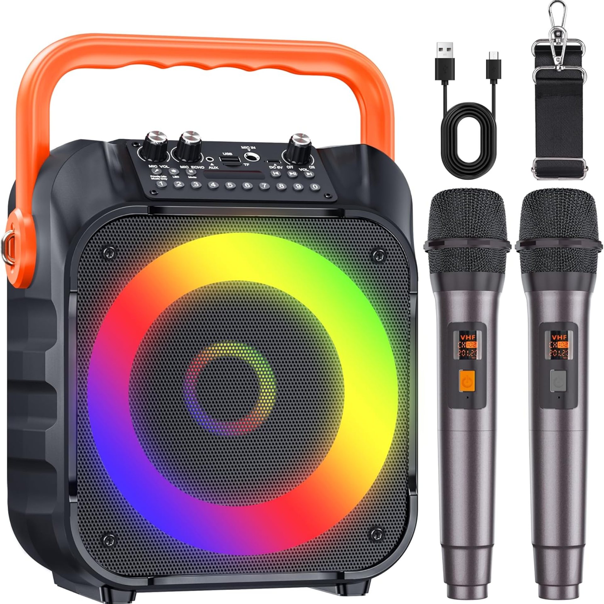 Karaoke Machine with Two Wireless Microphones, Portable Karaoke Machine for Adults & Kids, Portable Bluetooth Speaker with PA System, LED Lights, Supports TF Card/USB, AUX in, FM, USB,TWS (Orang) Karaoke Machine with Two Wireless Microphones, Portable Karaoke Machine for Adults & Kids, Portable Bluetooth Speaker with PA System, LED Lights, Supports TF Card/USB, AUX in, FM, USB,TWS (Orang)