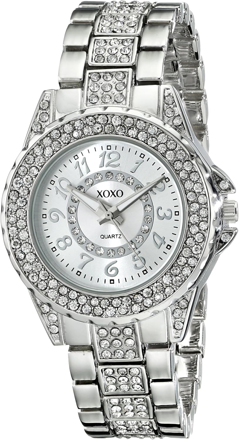 XOXO Silver-Tone Rhinestone Bracelet Watch – Elegant Analog Quartz Timepiece, Sparkling Crystal Accents, Durable Metal Case, Stylish Jewelry Clasp, Gift-Ready Box – Fits Wrists 5.5” to 8” XOXO Silver-Tone Rhinestone Bracelet Watch – Elegant Analog Quartz Timepiece, Sparkling Crystal Accents, Durable Metal Case, Stylish Jewelry Clasp, Gift-Ready Box – Fits Wrists 5.5” to 8”