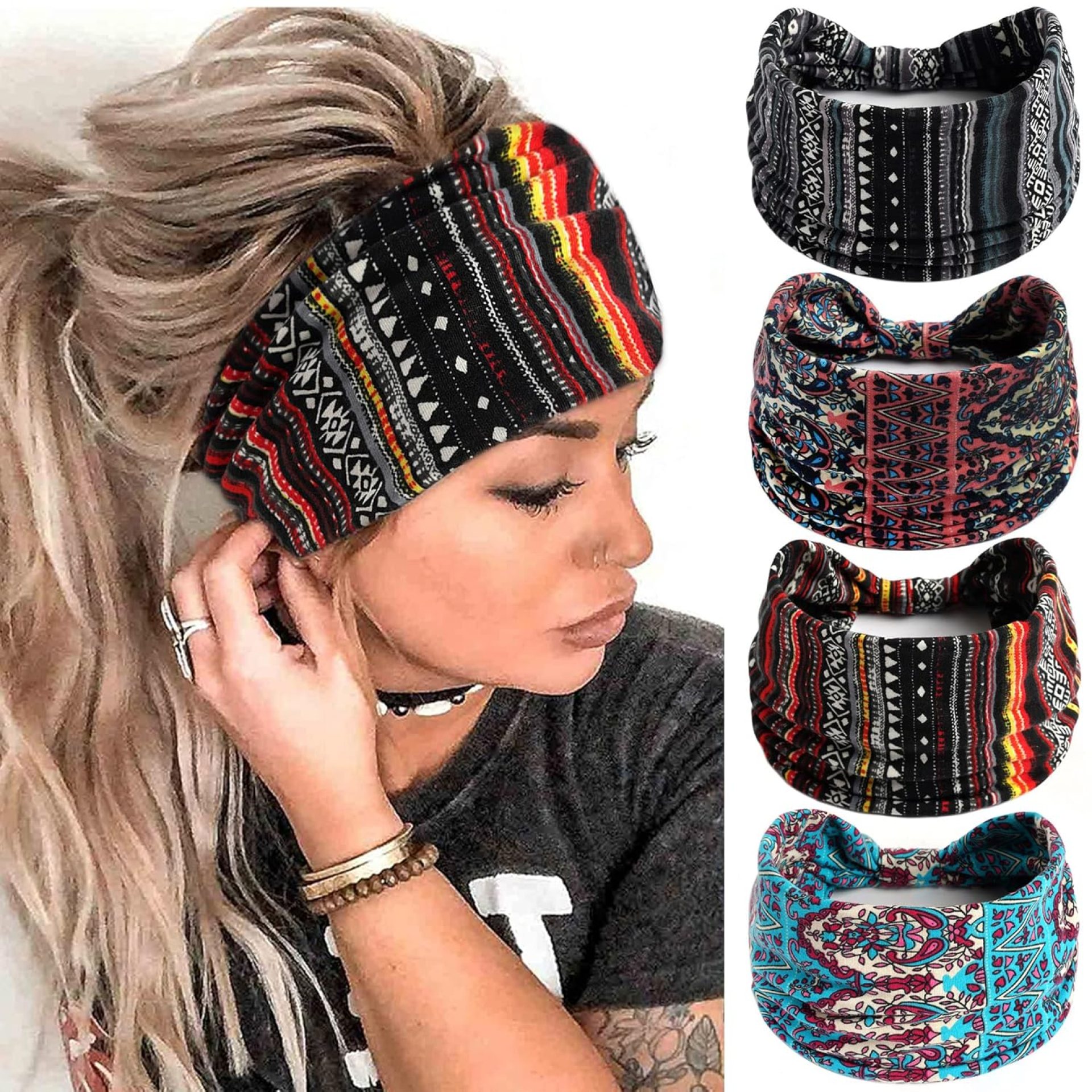 FULZTEY Boho Headbands For Women Fashion Stretch Wide Hair Bands Knotted Floral Turban Stripe Head Bands Yoga Running Sweatband Large African Headwrap Hair Accessories for Teen Girls 4Pcs FULZTEY Boho Headbands For Women Fashion Stretch Wide Hair Bands Knotted Floral Turban Stripe Head Bands Yoga Running Sweatband Large African Headwrap Hair Accessories for Teen Girls 4Pcs