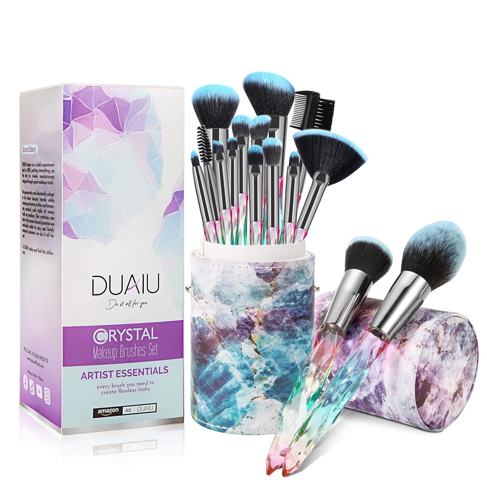 DUAIU Makeup Brushes 15pcs Premium Synthetic Bristles Crystal Handle Set Kabuki Foundation Brush Face Lip Eye Makeup Brush Sets Professional with Starry Gift Box (Blue) DUAIU Makeup Brushes 15pcs Premium Synthetic Bristles Crystal Handle Set Kabuki Foundation Brush Face Lip Eye Makeup Brush Sets Professional with Starry Gift Box (Blue)