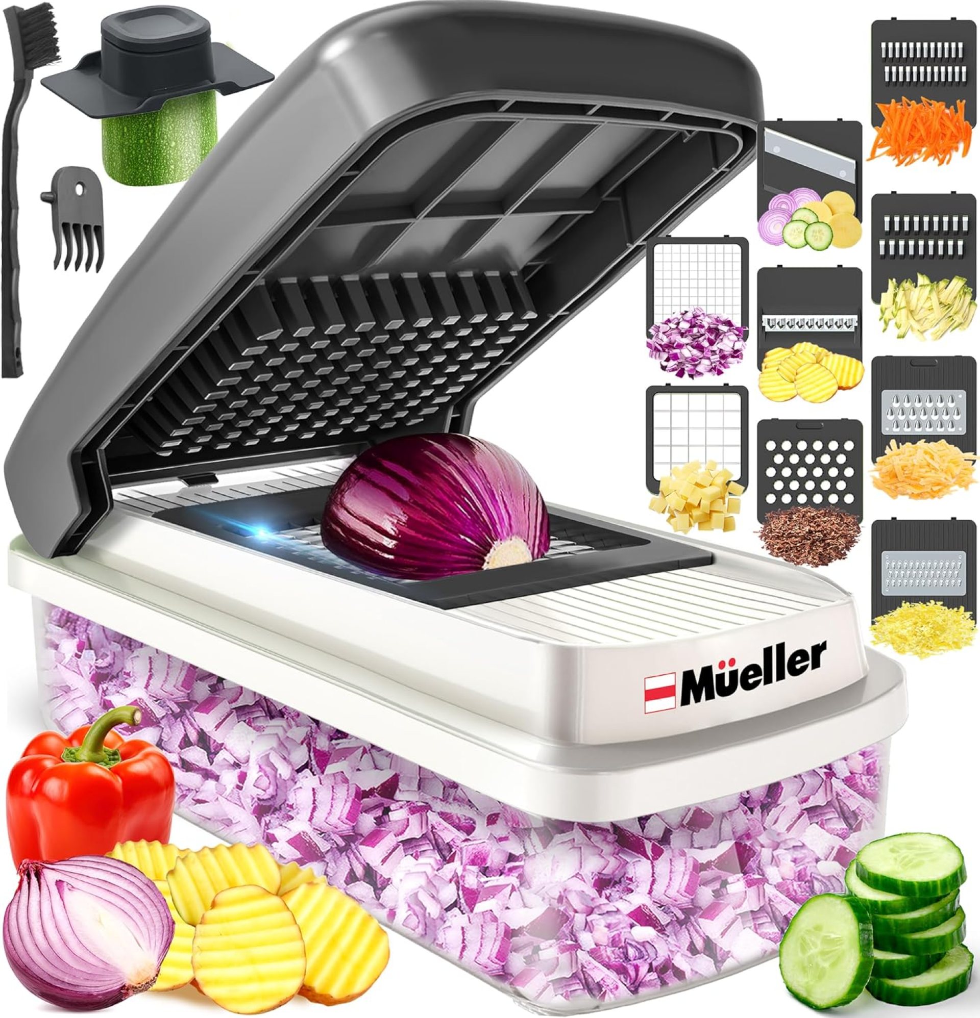 Mueller Vegetable Chopper Mandoline Slicer, Food Veggie Chopper, Cheese Grater, Onion Vegetable Cutter with Container, Dicer, Kitchen Gadgets & Essentials, White Sand/Grey Mueller Vegetable Chopper Mandoline Slicer, Food Veggie Chopper, Cheese Grater, Onion Vegetable Cutter with Container, Dicer, Kitchen Gadgets & Essentials, White Sand/Grey