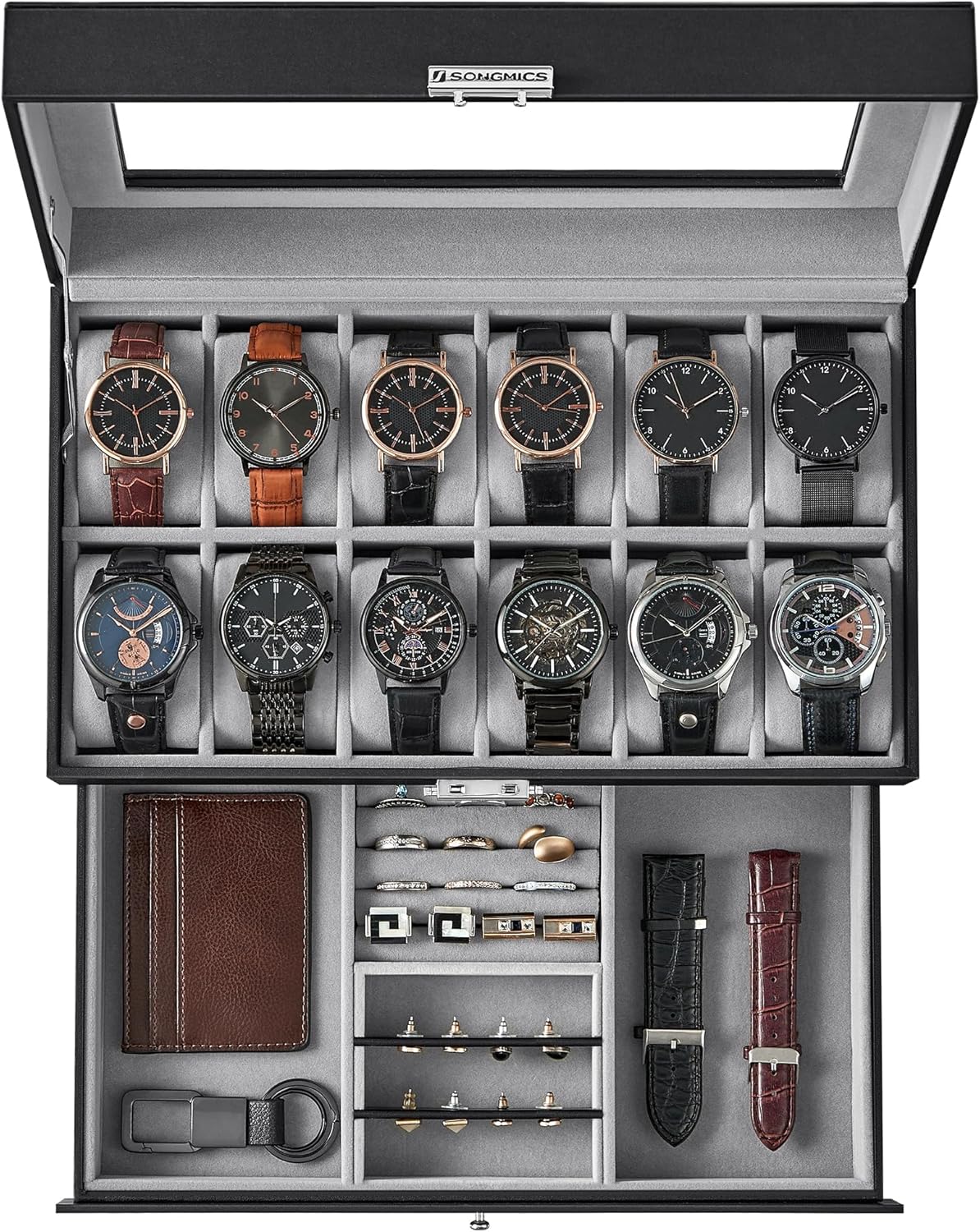 SONGMICS 12-Slot Watch Box, Lockable Watch Case with Glass Lid, 2 Layers, with 1 Drawer for Rings, Bracelets, Gift Idea, Black Synthetic Leather, Gray Lining UJWB012 SONGMICS 12-Slot Watch Box, Lockable Watch Case with Glass Lid, 2 Layers, with 1 Drawer for Rings, Bracelets, Gift Idea, Black Synthetic Leather, Gray Lining UJWB012
