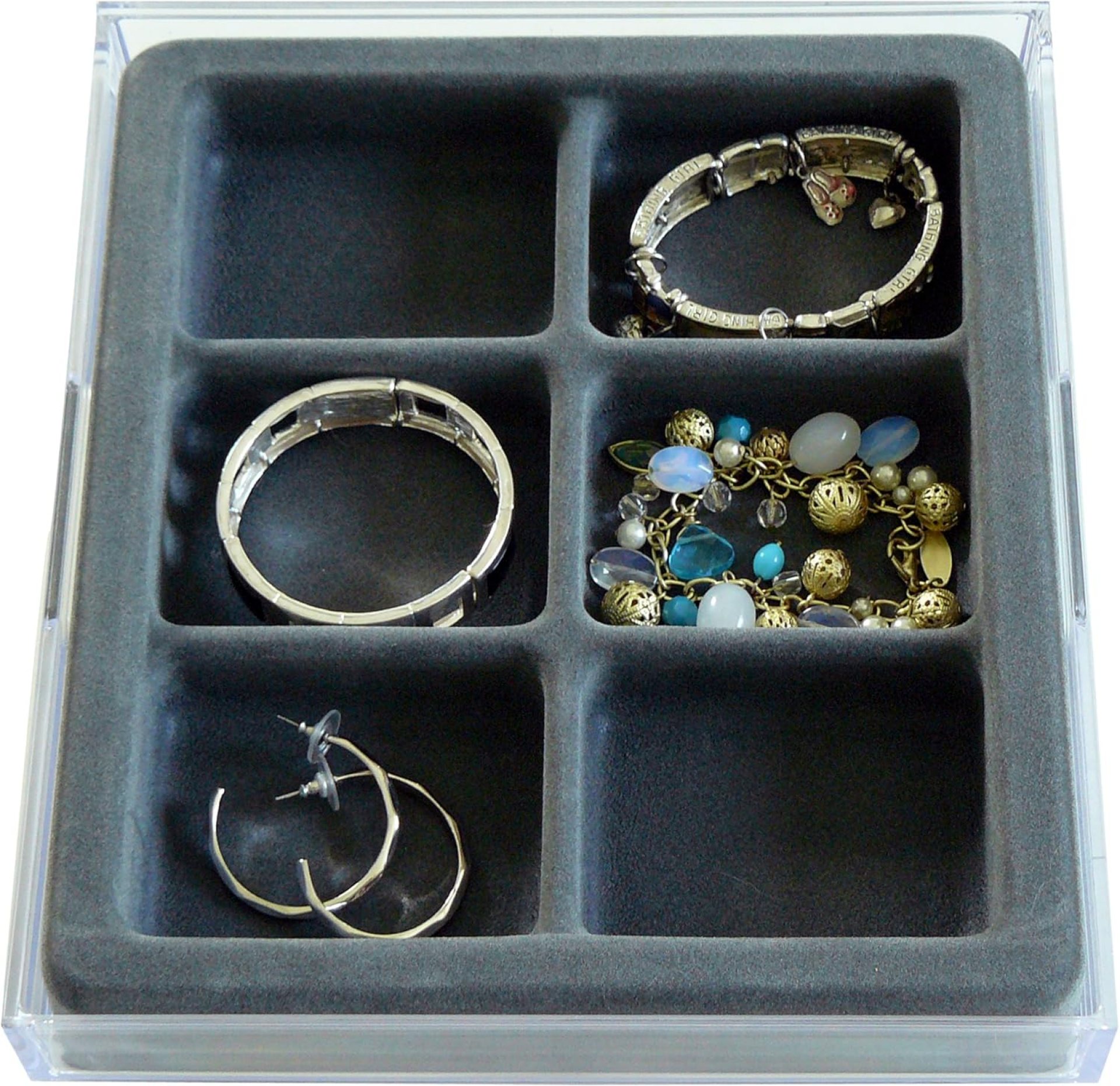 DR. ORGANIZER 3302 Watches, Bracelets and Large Earring Jewelry Organizer with Velvet Tray, US Patented, 6 compartments, Clear with Gray Insert DR. ORGANIZER 3302 Watches, Bracelets and Large Earring Jewelry Organizer with Velvet Tray, US Patented, 6 compartments, Clear with Gray Insert