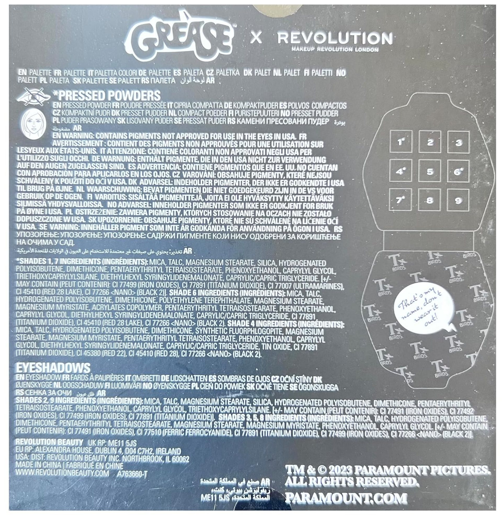 Revolution X Grease T Birds Rock’n Roll Shadow Palette 9 X 0.03 oz/1.0 g, smoky with matte Revolution X Grease T Birds Rock’n Roll Shadow Palette 9 X 0.03 oz/1.0 g, smoky with matte
