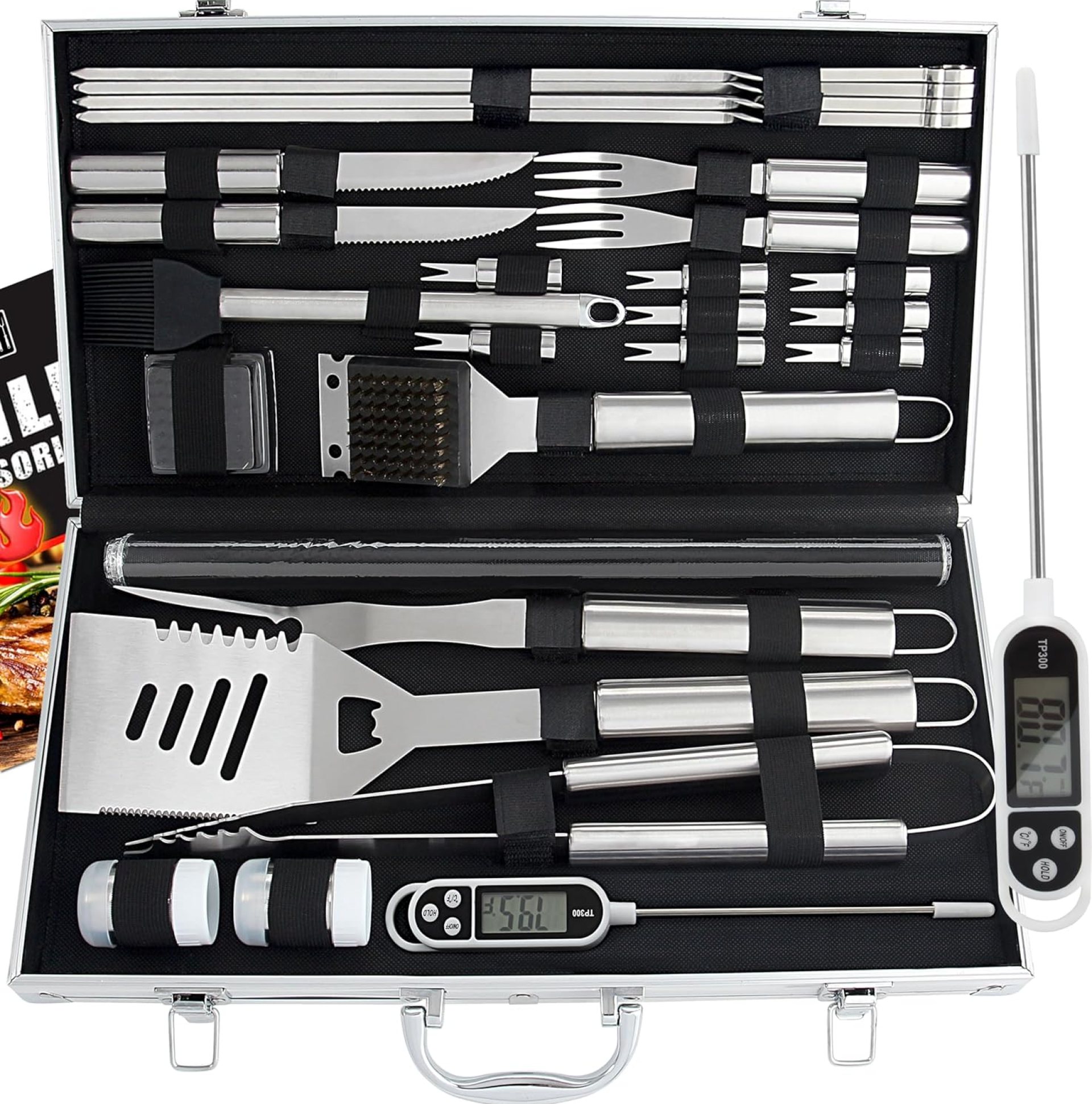 ROMANTICIST 28pc BBQ Accessories Set with Thermometer – The Very Best Grill Gift on Birthday Wedding – Heavy Duty Stainless Steel Grill Set in Case for Outdoor Cooking Camping Grilling Smoking ROMANTICIST 28pc BBQ Accessories Set with Thermometer – The Very Best Grill Gift on Birthday Wedding – Heavy Duty Stainless Steel Grill Set in Case for Outdoor Cooking Camping Grilling Smoking