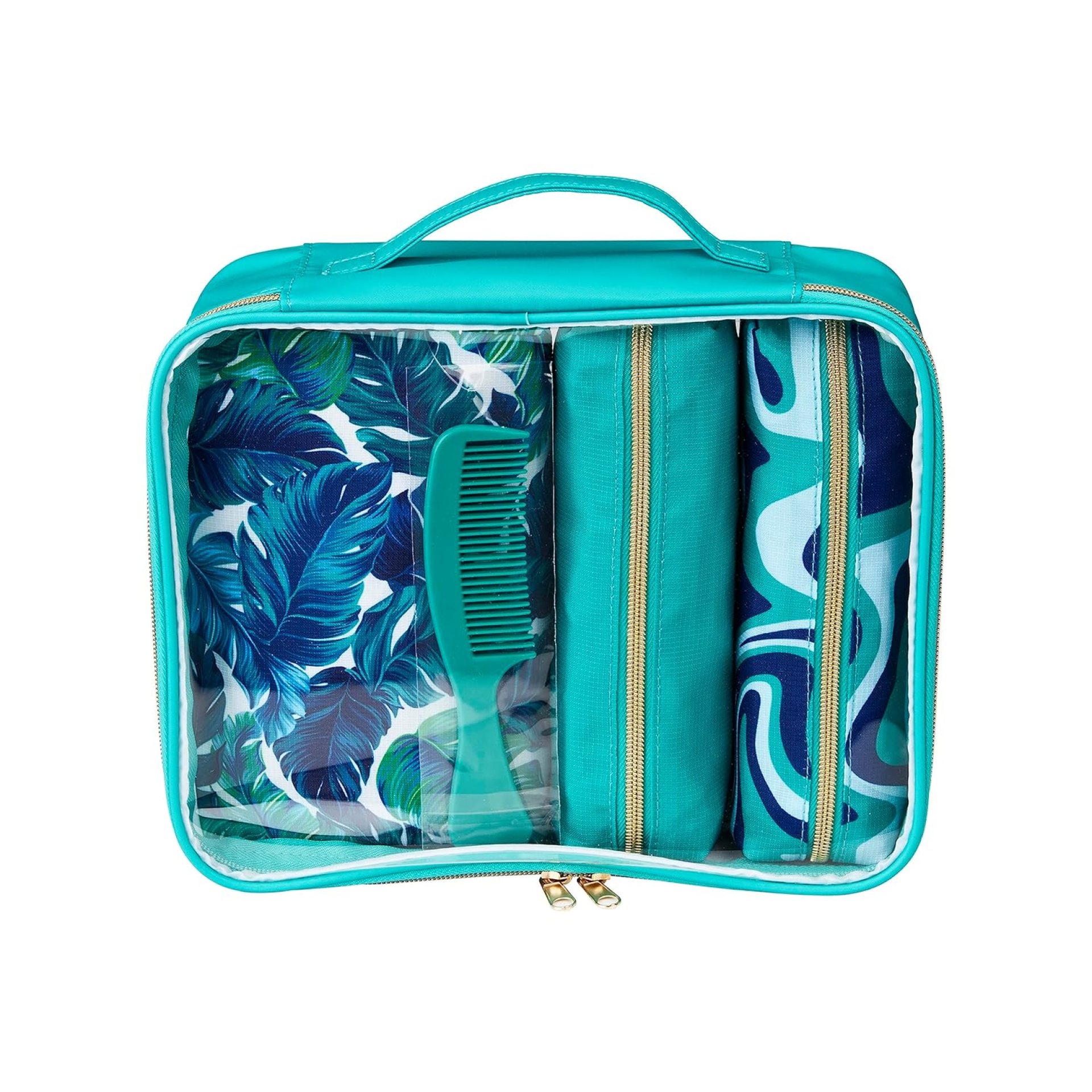 Conair 5 Piece Toiletry and Cosmetic Bag Set Under , Includes 4 Makeup Bags and 1 Travel Comb in Teal Palm Prints Conair 5 Piece Toiletry and Cosmetic Bag Set Under , Includes 4 Makeup Bags and 1 Travel Comb in Teal Palm Prints
