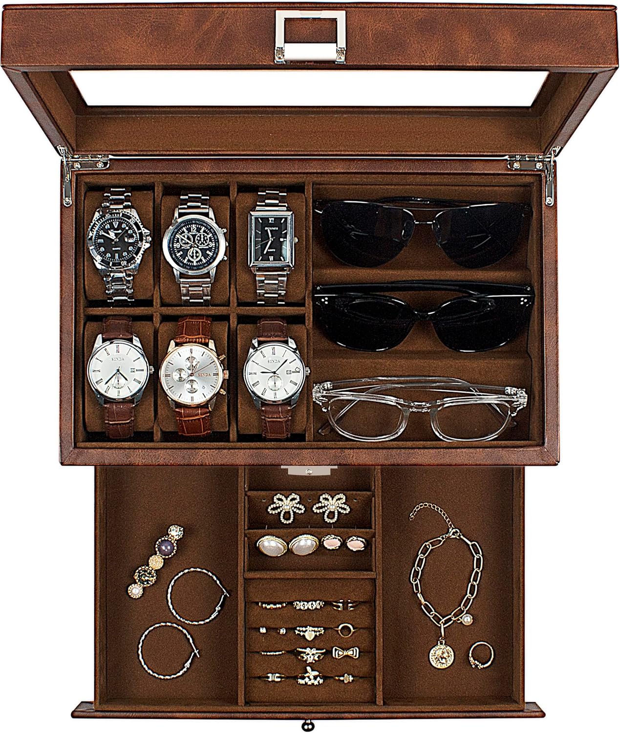 GUKA Watch box, 6 Slot Watch Case, 3 Slot Sunglass Organizer, Watch Cases for men with Real Glass Lid, Watch Organizer storage with Jewelry Case, Birthday for Men and Women, GUKA Watch box, 6 Slot Watch Case, 3 Slot Sunglass Organizer, Watch Cases for men with Real Glass Lid, Watch Organizer storage with Jewelry Case, Birthday for Men and Women,