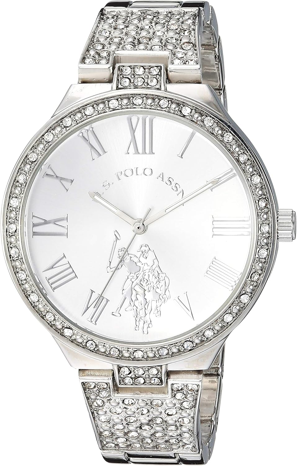 U.S. Polo Assn. Women’s Silver Crystal Analog Watch with Roman Numerals and Polished Bracelet Band – Sparkling Pavé Dial Accents – Fits Wrists 5.5″ to 8″ U.S. Polo Assn. Women’s Silver Crystal Analog Watch with Roman Numerals and Polished Bracelet Band – Sparkling Pavé Dial Accents – Fits Wrists 5.5″ to 8″