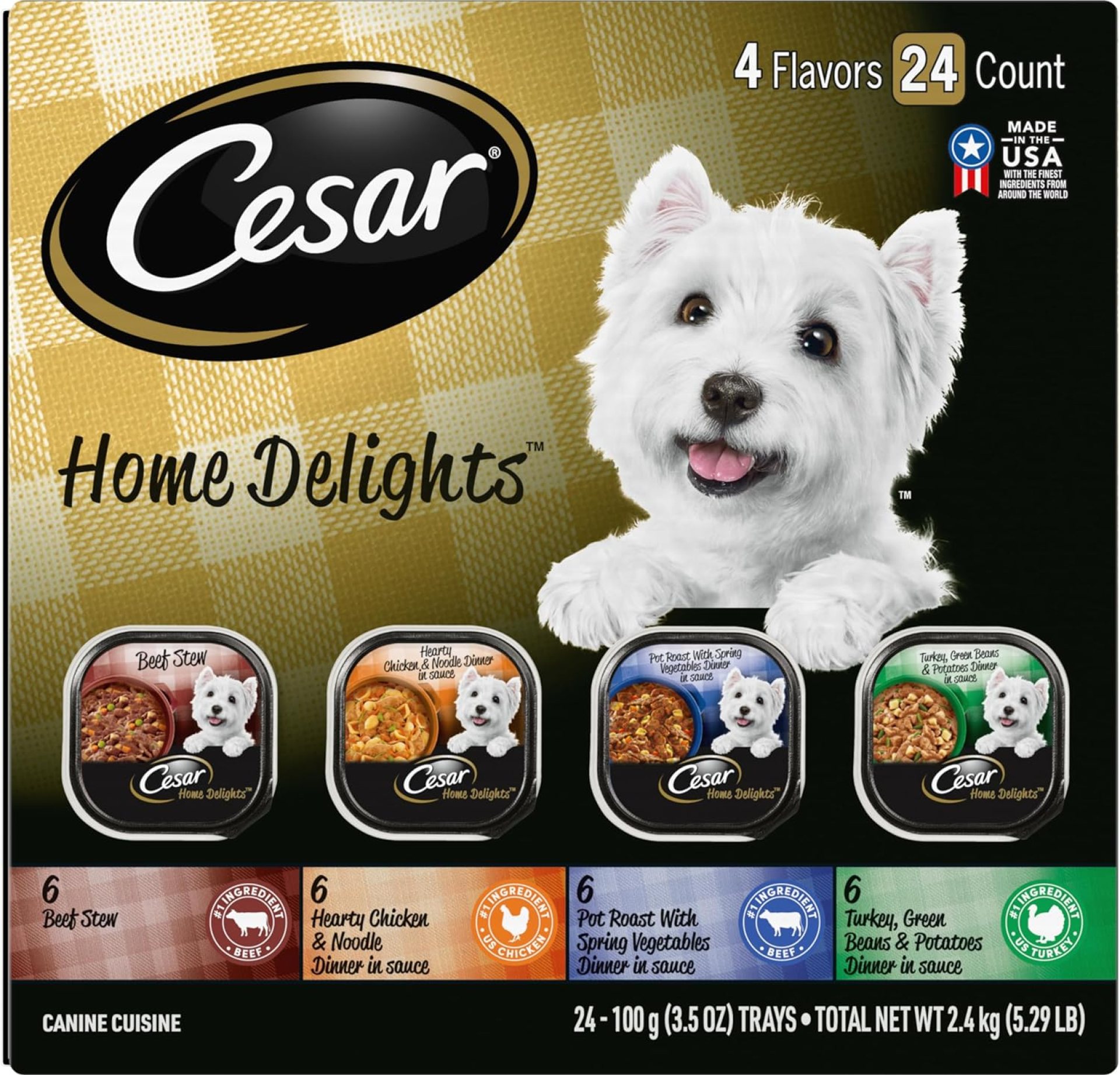 CESAR HOME DELIGHTS Wet Dog Food Pot Roast & Vegetable, Beef Stew, Turkey Potato & Green Bean, and Hearth Chicken & Noodle Variety Pack, (24) 3.5 oz. Easy Peel Trays CESAR HOME DELIGHTS Wet Dog Food Pot Roast & Vegetable, Beef Stew, Turkey Potato & Green Bean, and Hearth Chicken & Noodle Variety Pack, (24) 3.5 oz. Easy Peel Trays